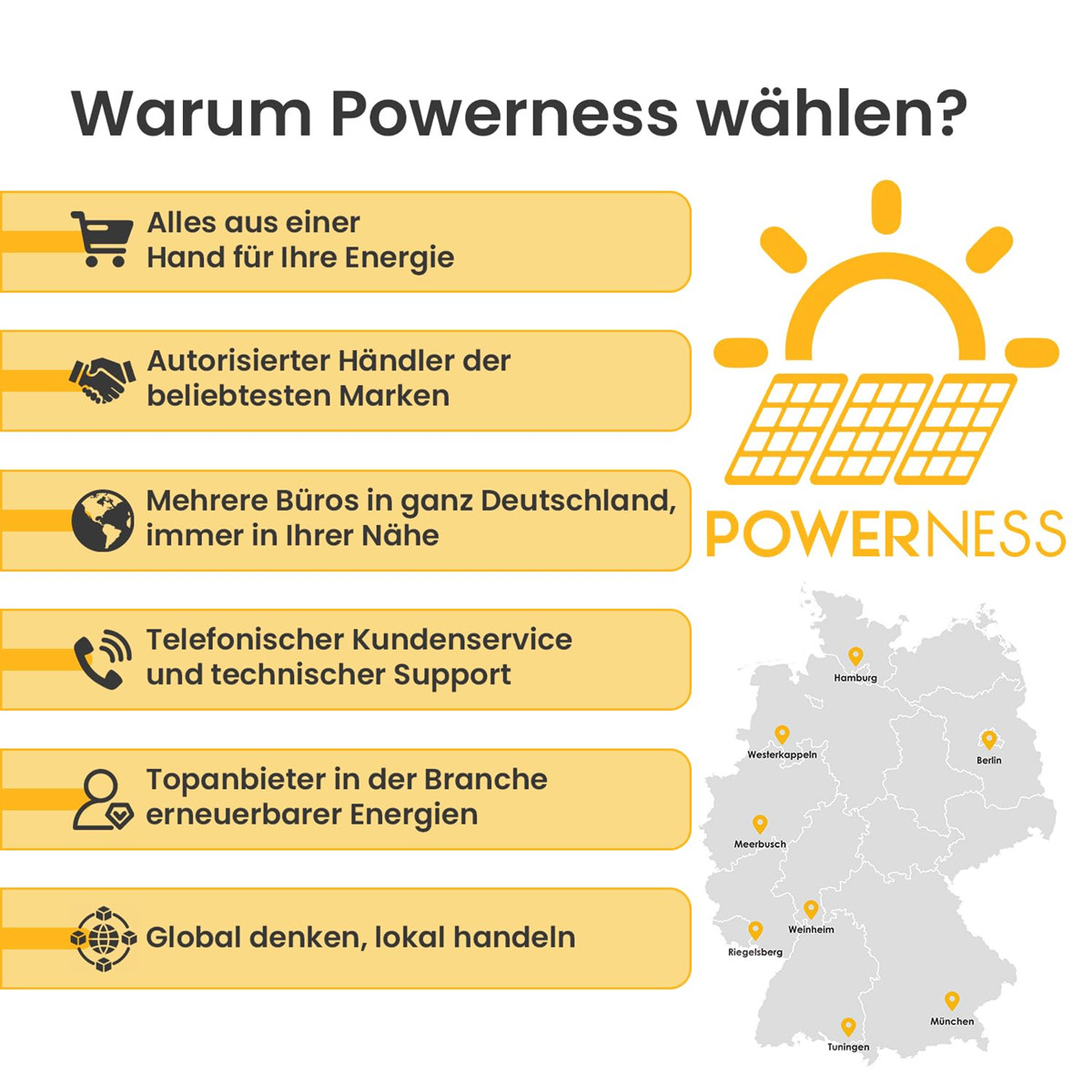Powerness: Vorteile wie Energie aus einer Hand, autorisierter Händler, Büros, Kundenservice.