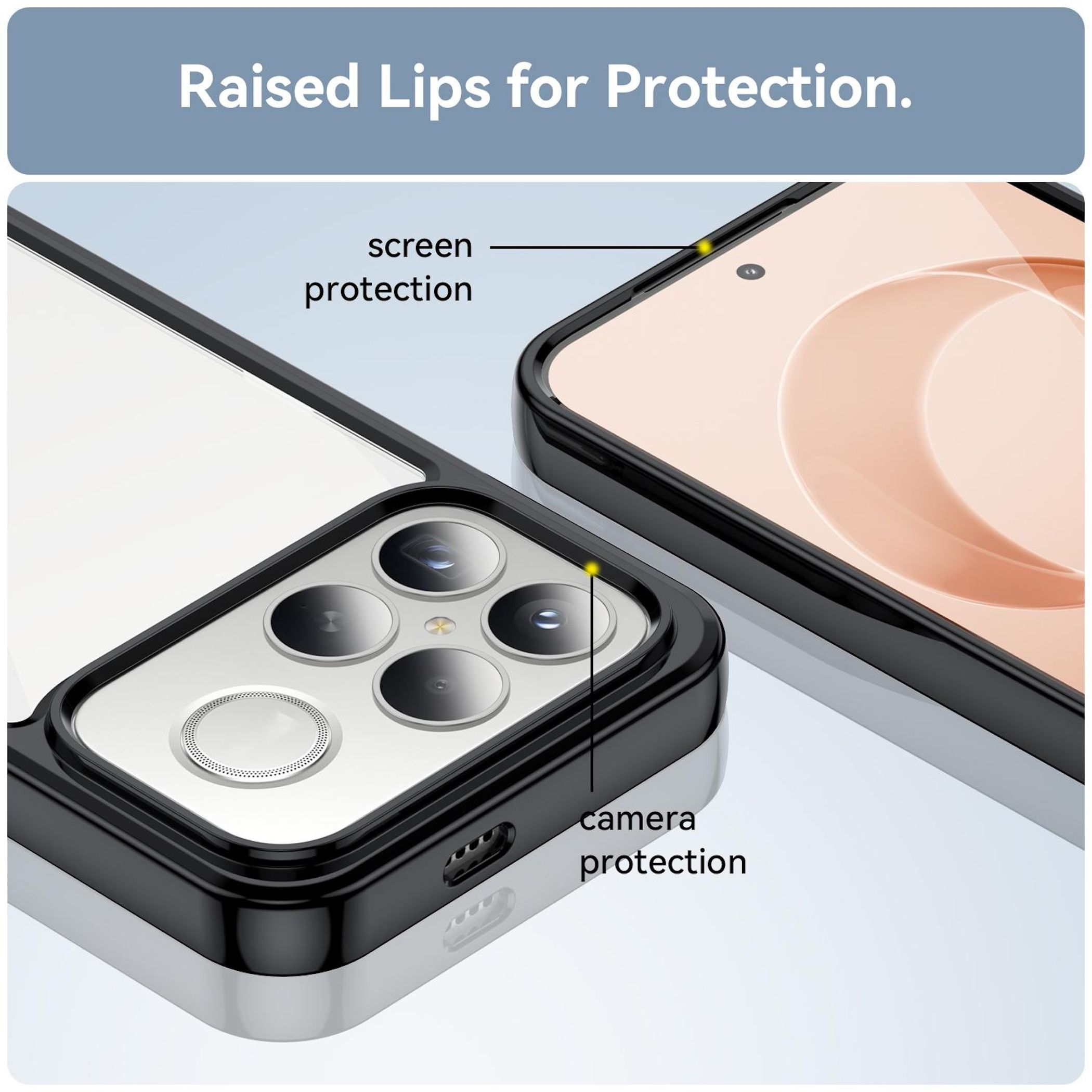 Funda de teléfono con bordes elevados para proteger pantalla y cámara.