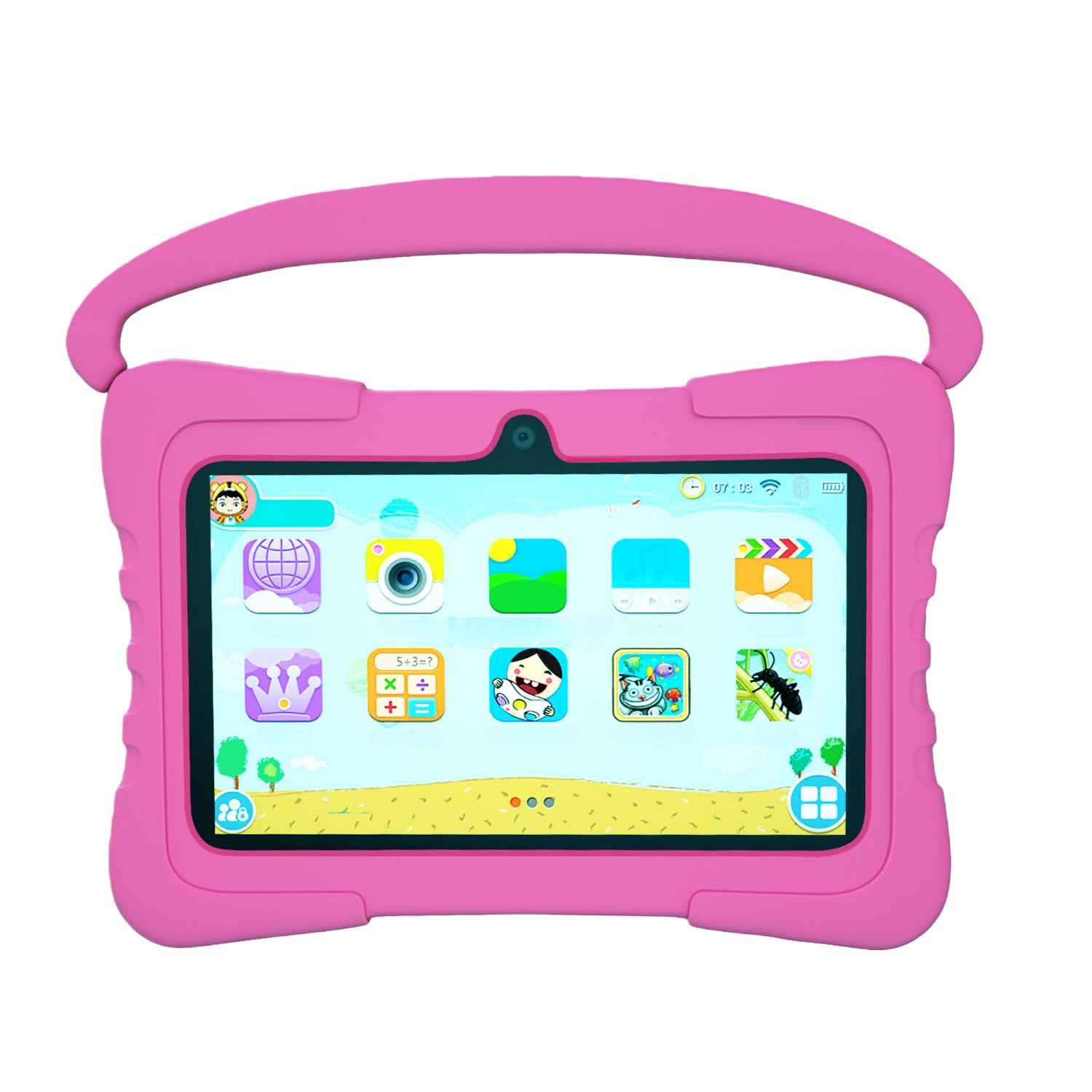 Ein rosafarbenes Kinder-Tablet mit Apps und Griff. Der Bildschirm zeigt bunte Symbole.