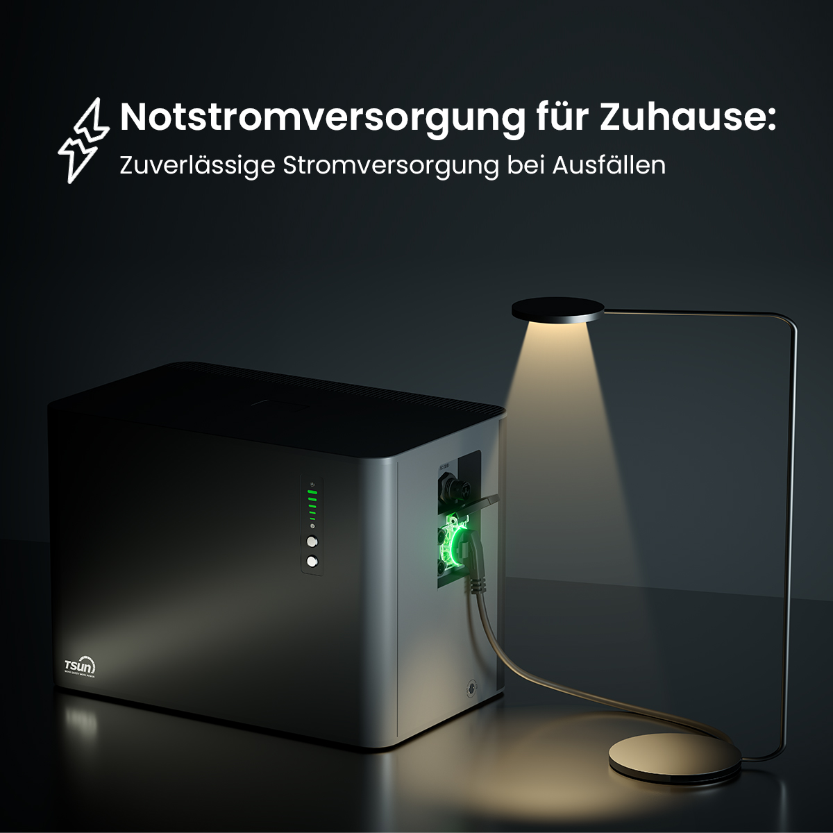 Ein Notstromaggregat versorgt eine Lampe mit Strom. Grüne Lichter zeigen Aktivität.