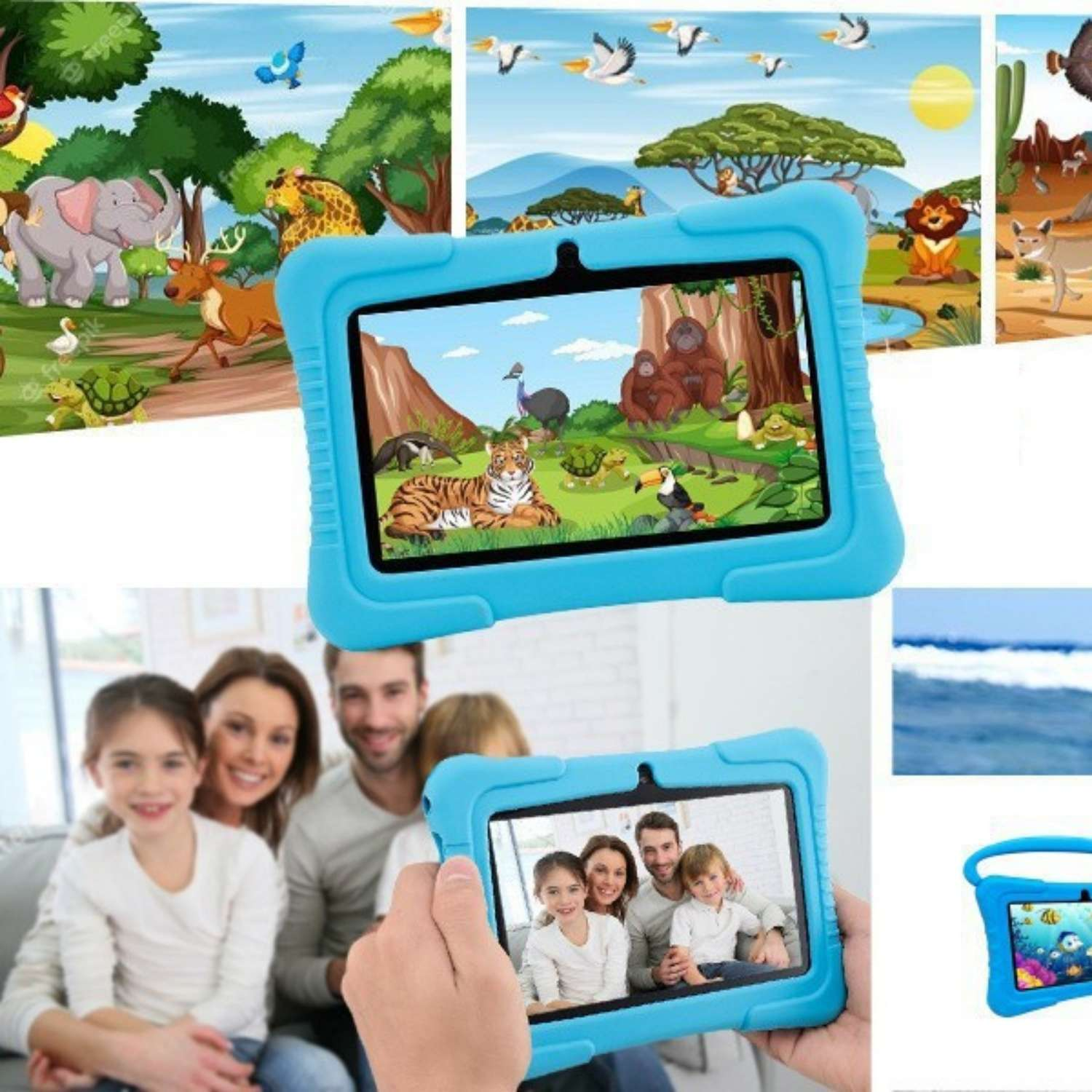 Eine Familie schaut ein Tablet, das ein Familienfoto zeigt. Weitere Tablets sind zu sehen.