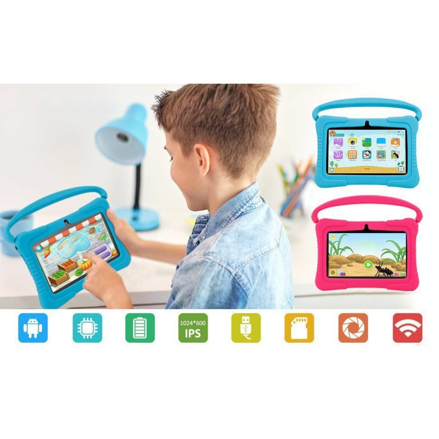 Ein Junge hält ein blaues Tablet, daneben ein blaues und ein pinkes Tablet.