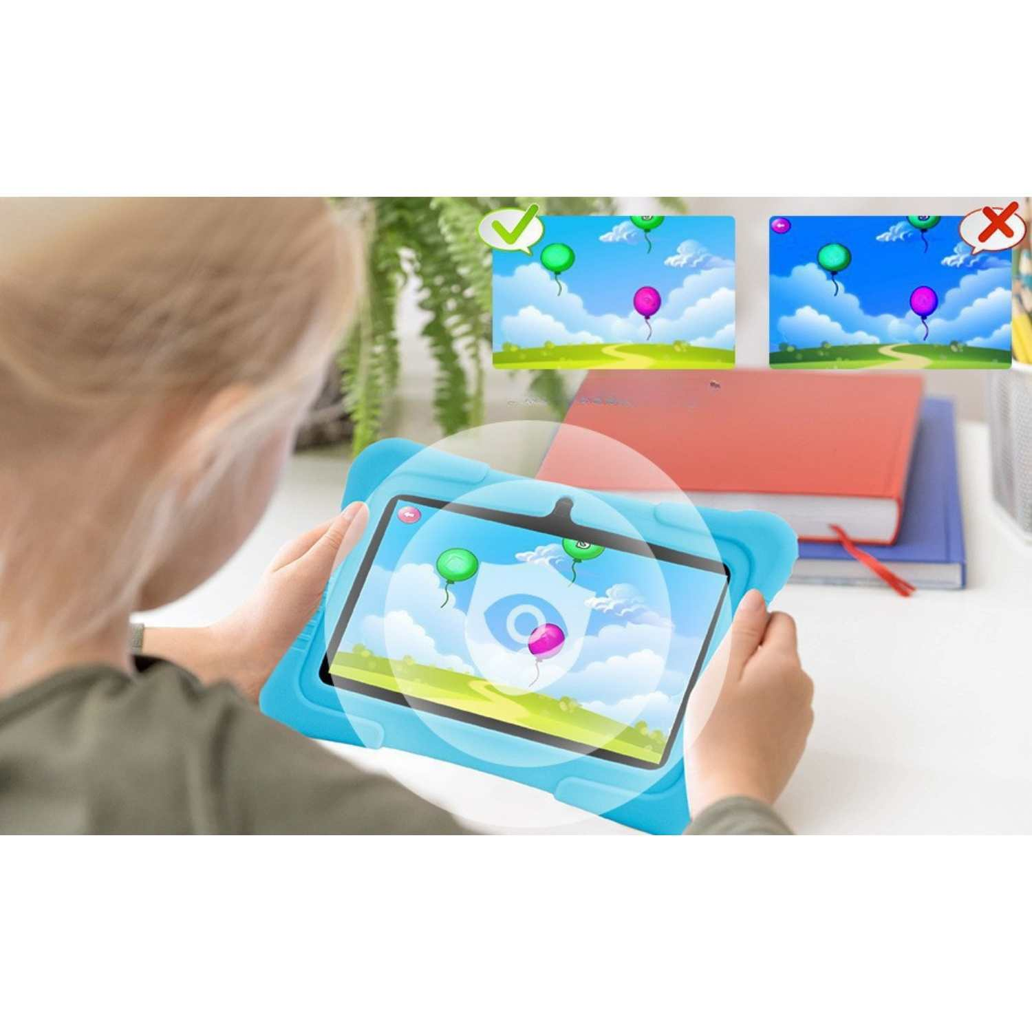 Kind spielt ein Spiel mit Ballons auf einem Tablet. Zwei Szenen zeigen Erfolg und Misserfolg.