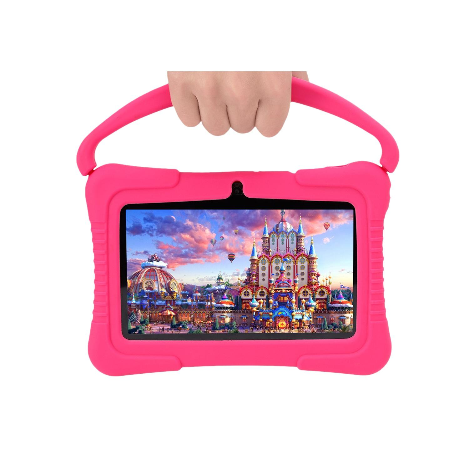 Ein pinkfarbenes Tablet mit einem bunten Märchenschloss-Bildschirm, gehalten von einer Hand.