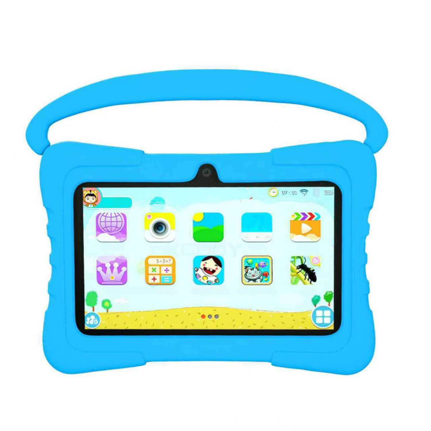 Ein blaues Kinder-Tablet mit Griff und bunten App-Symbolen auf dem Bildschirm.