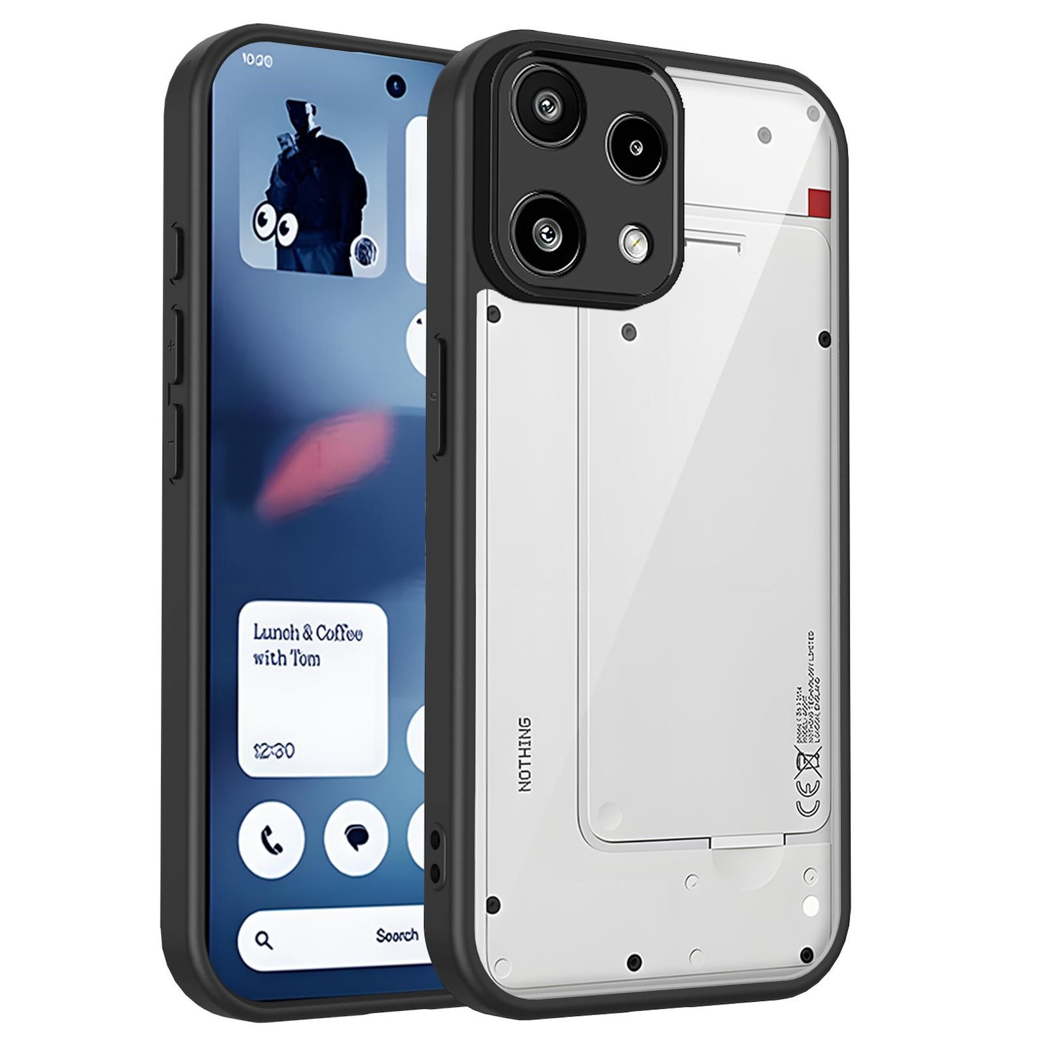 Ein schwarzes Handy mit durchsichtigem Rücken und Kameramodul. Links ein Handy-Display.