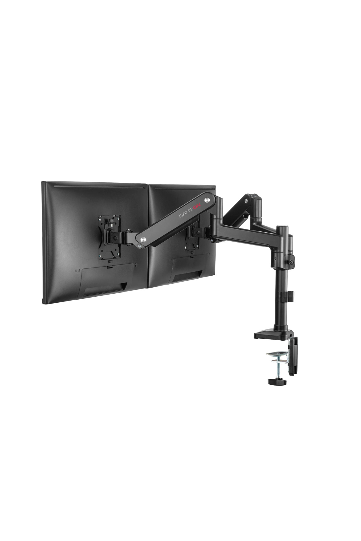 Kelepçeli tabanlı çift monitör kolu, iki siyah monitör tutar.