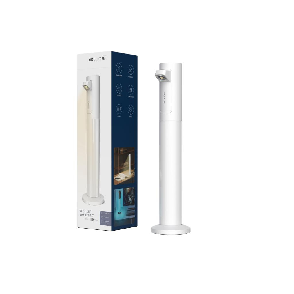 Lámpara blanca Yeelight y embalaje con imágenes e iconos del producto.