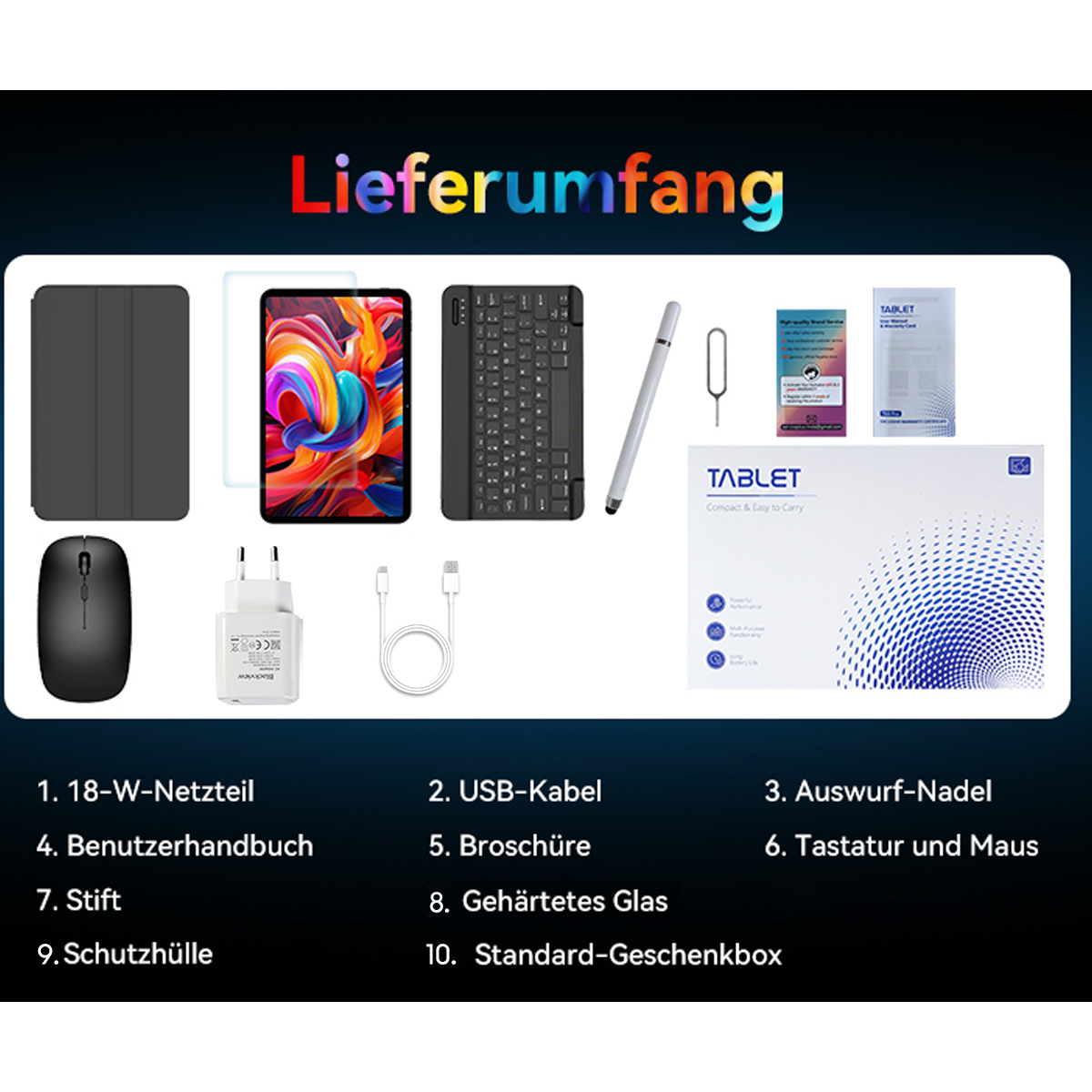 Zubehör für ein Tablet: Hülle, Tablet, Tastatur, Stift, Maus, Ladegerät, Kabel, Glas.