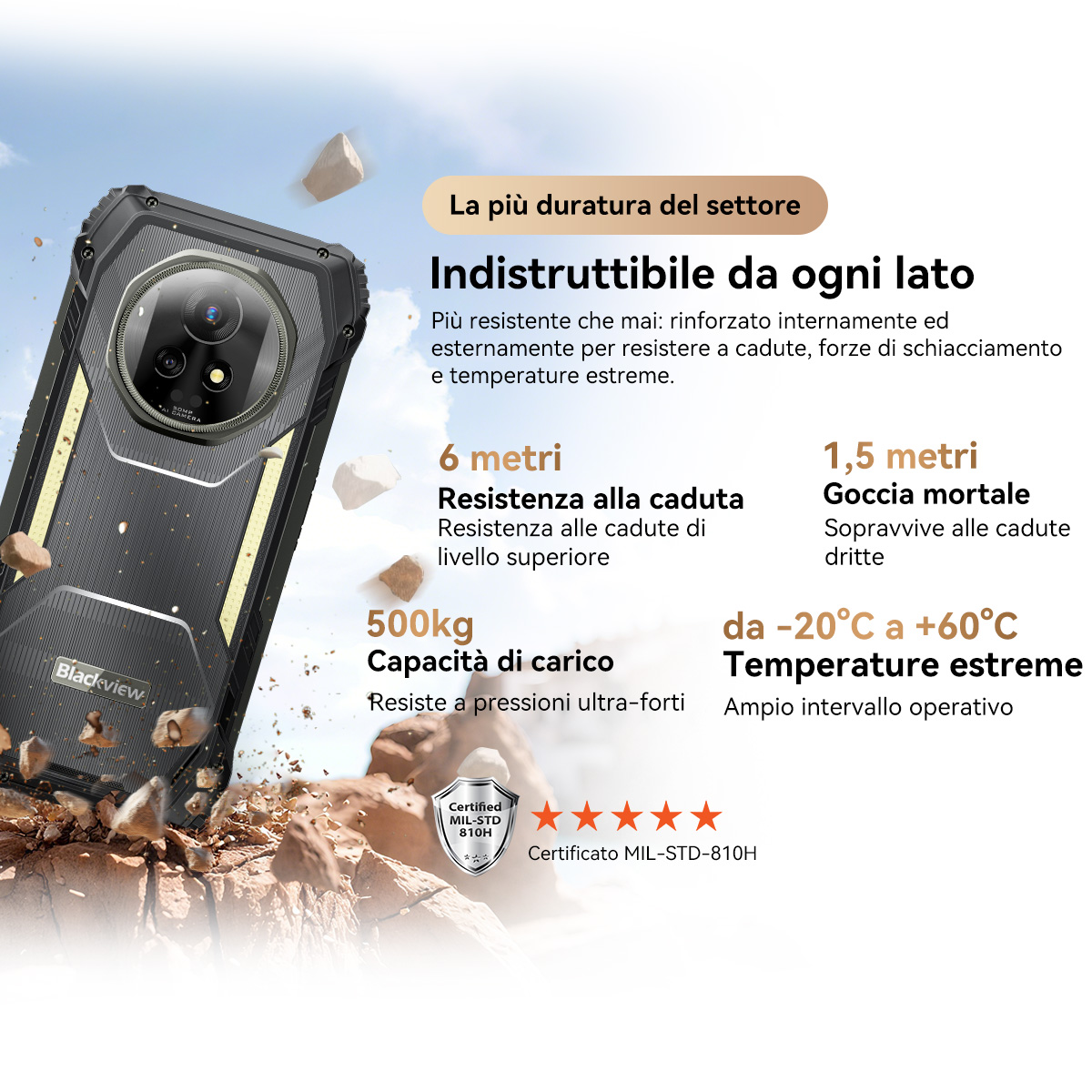 Robusto telefono Blackview, certificato MIL-STD-810H, per condizioni estreme e cadute.