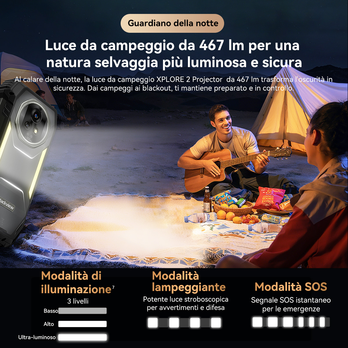 Uomini accampati di notte, uno suona la chitarra. Un telefono brilla.