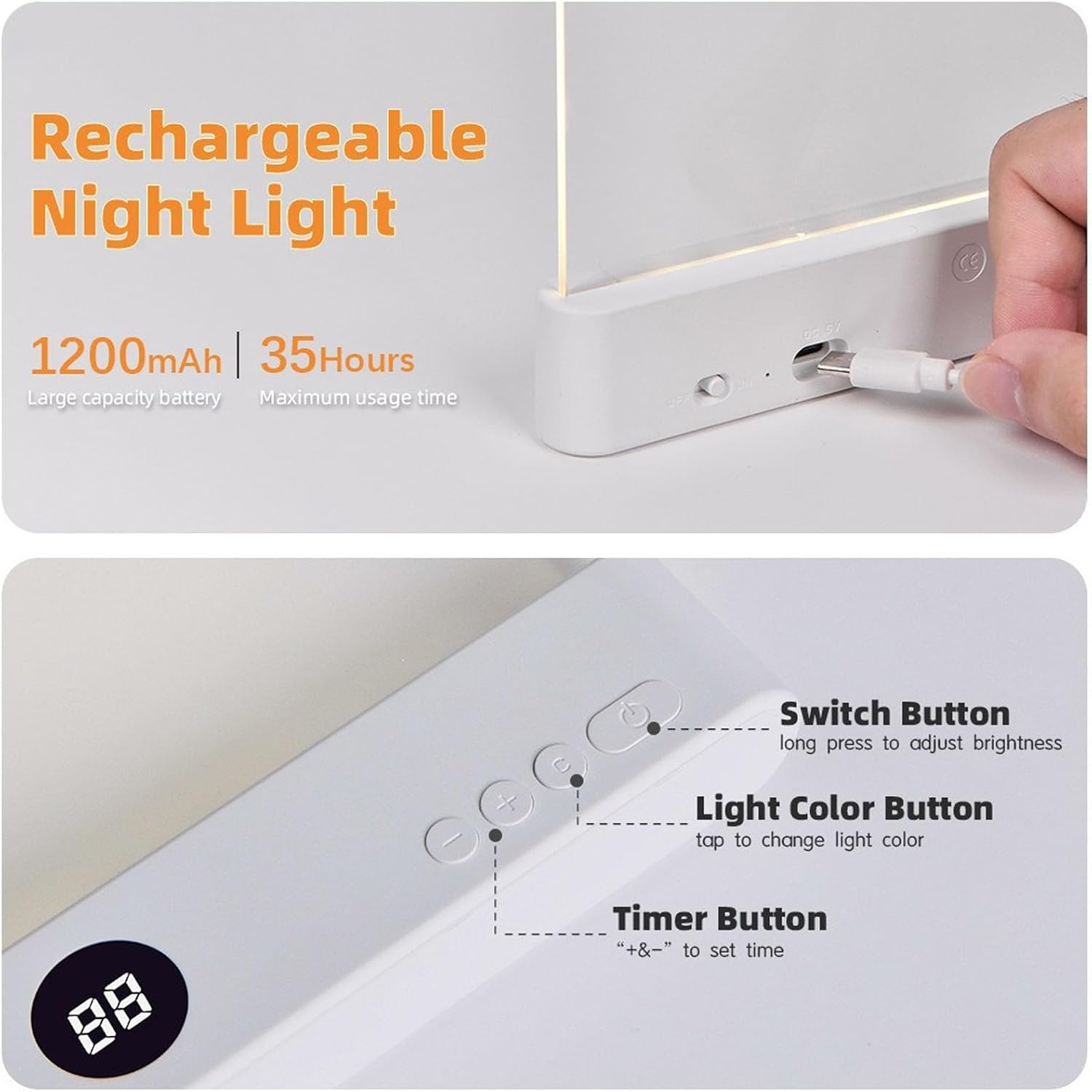 Wiederaufladbares Nachtlicht mit USB-C-Ladeanschluss und Bedienknöpfen.