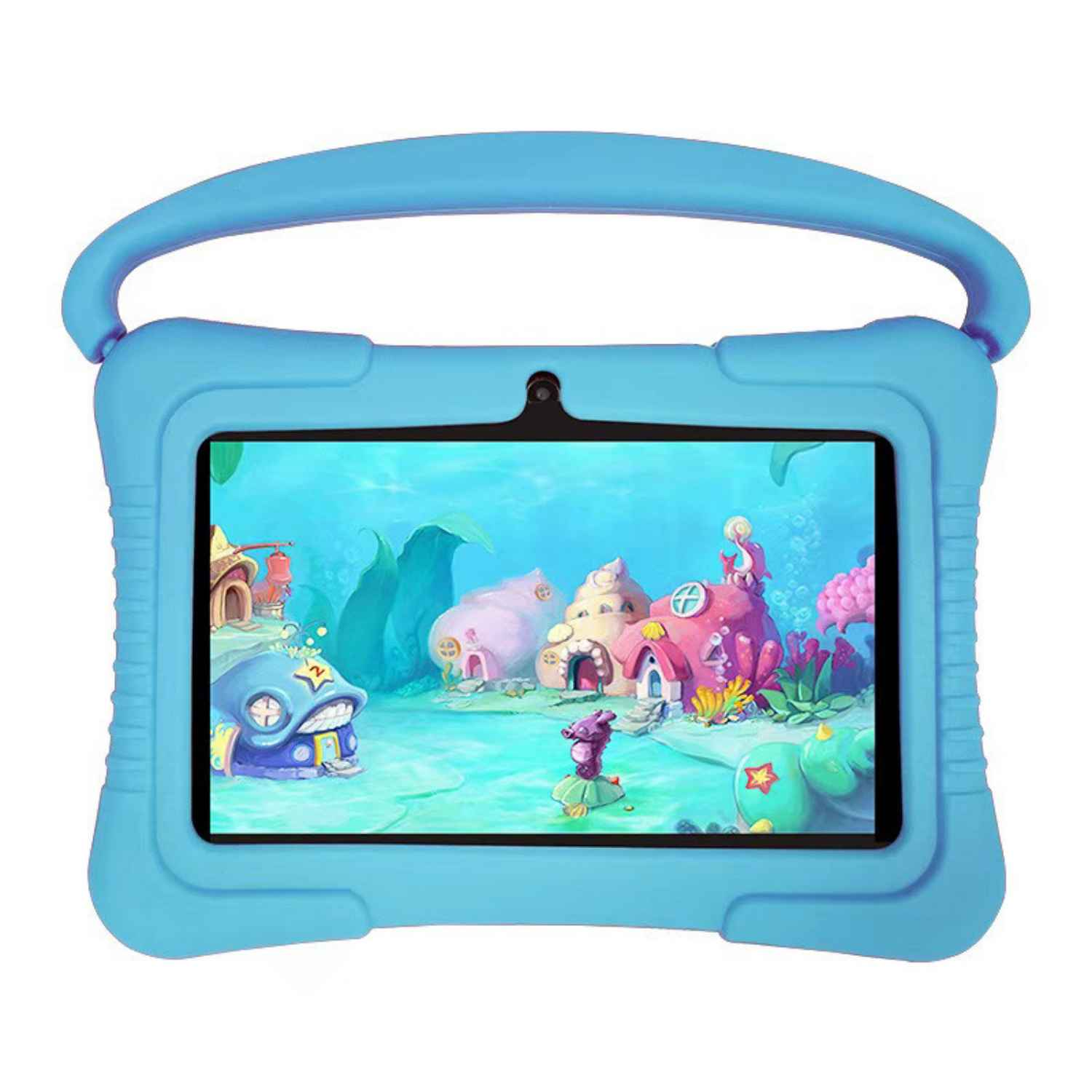 Ein blaues Kinder-Tablet mit Unterwasser-Bildschirmhintergrund mit bunten Häusern.