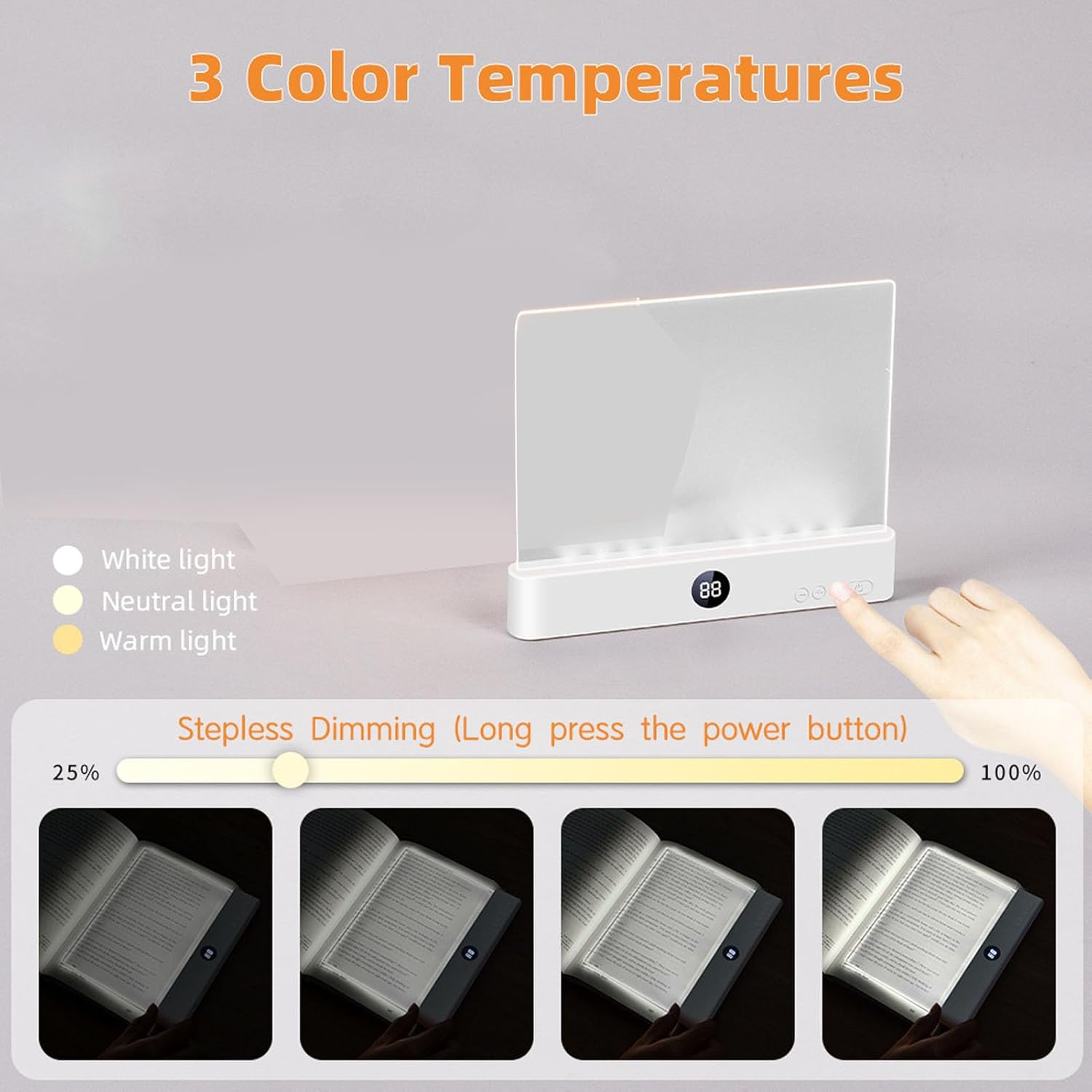 Ein Buch mit LED-Lampe, die drei Farbtemperaturen und stufenlose Dimmung bietet.