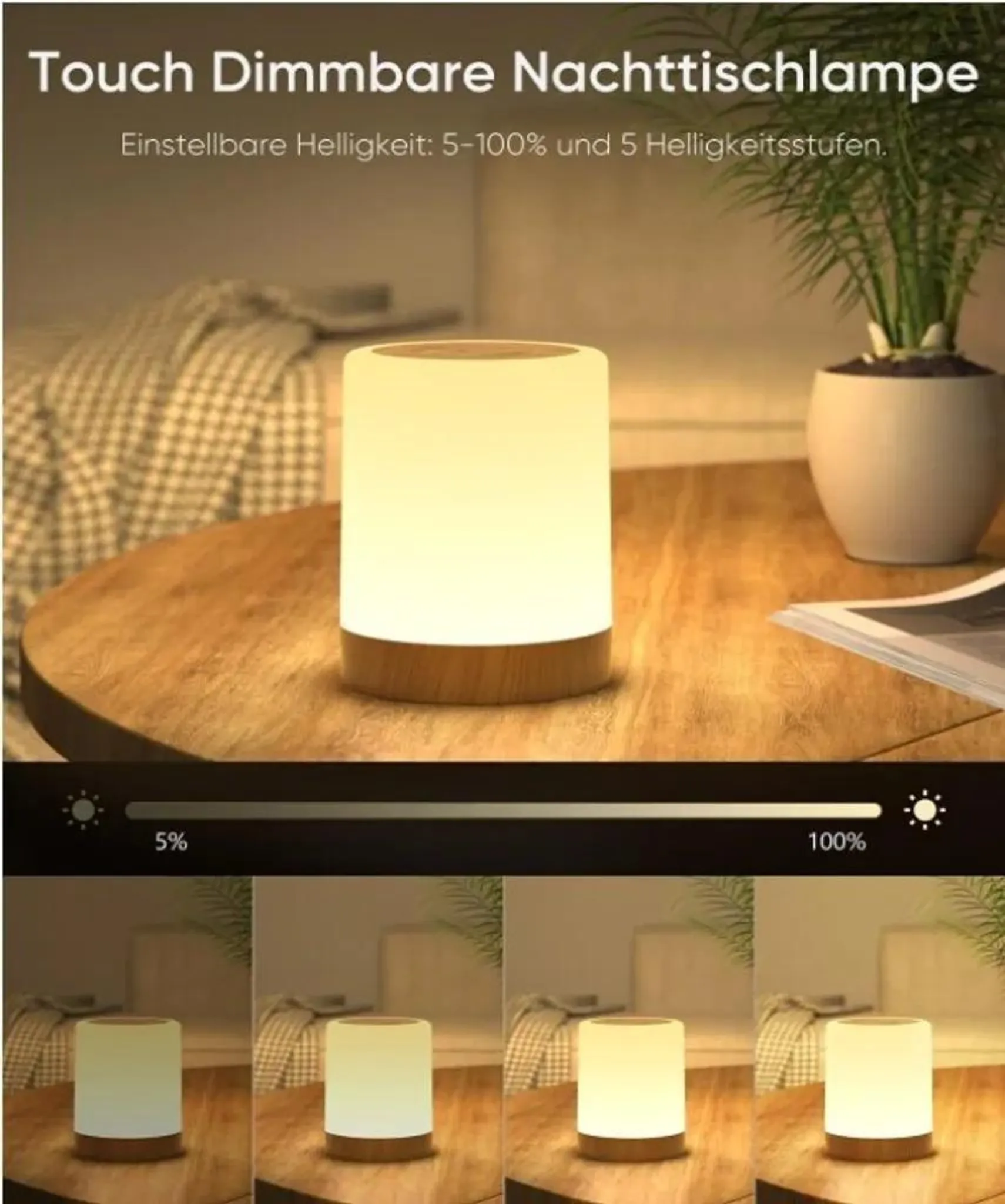 Eine Nachttischlampe mit Holzboden auf einem Holztisch.