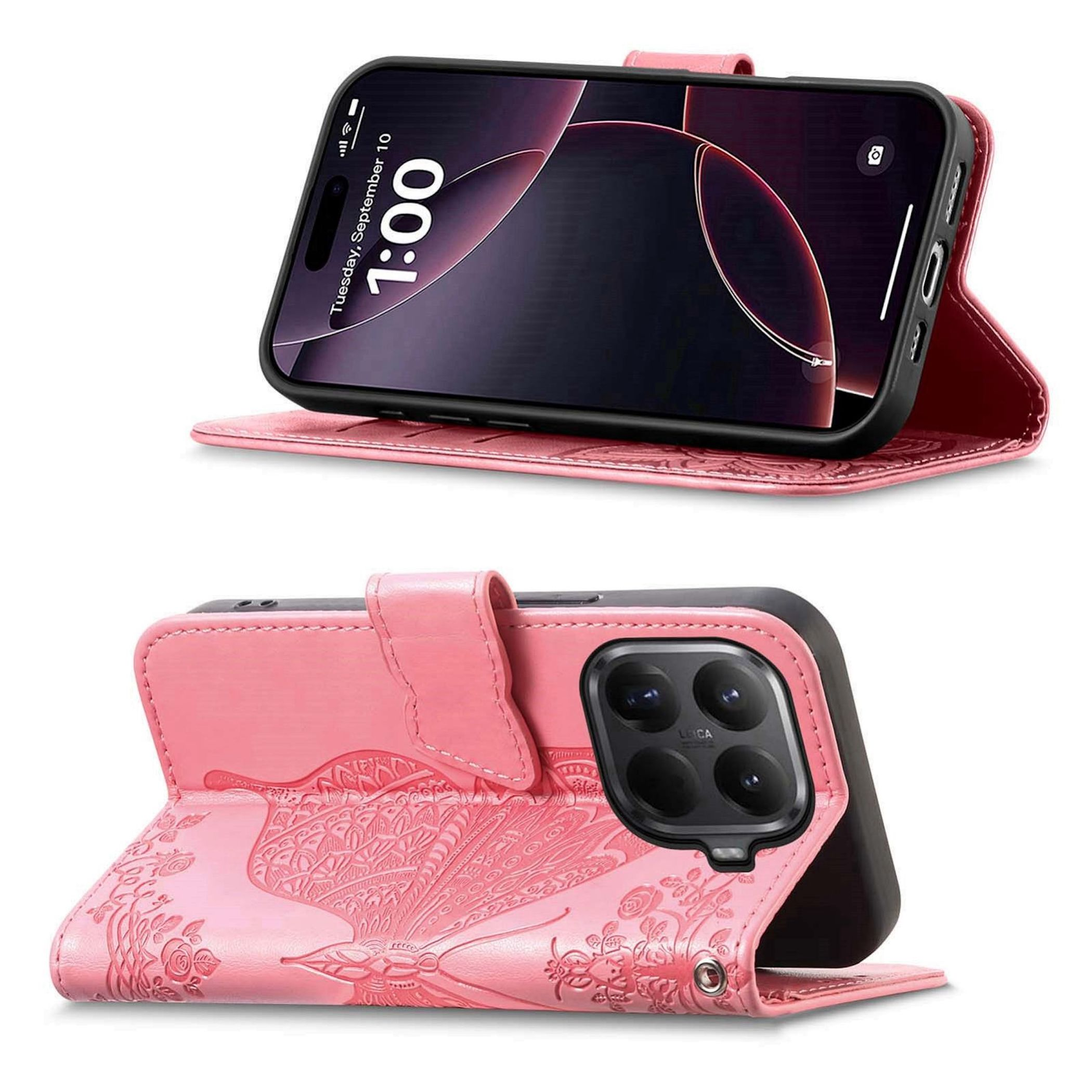 Una funda rosa para teléfono con relieve de mariposa, mostrando un iPhone.