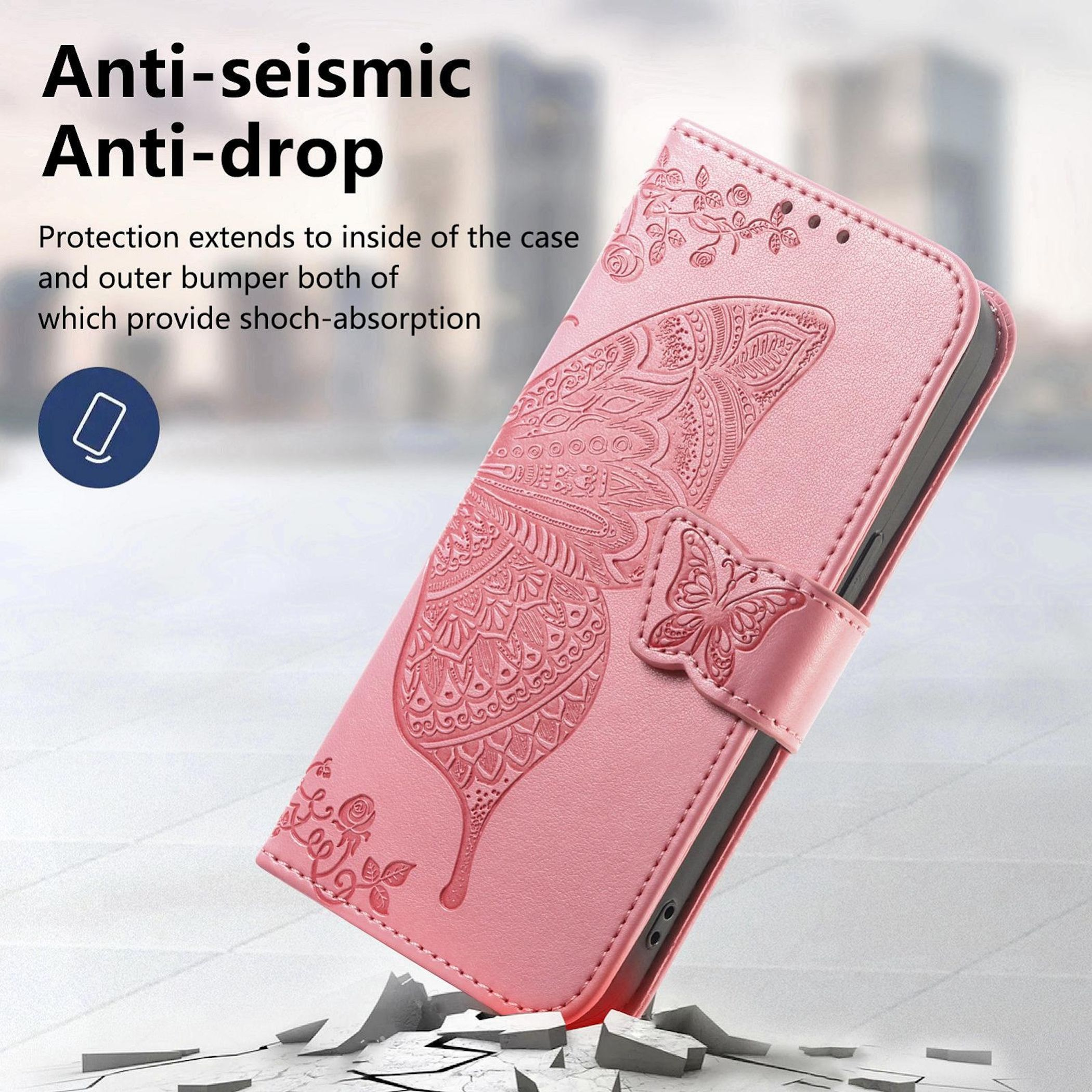 Funda rosa con relieve de mariposa, protección anti-impactos.