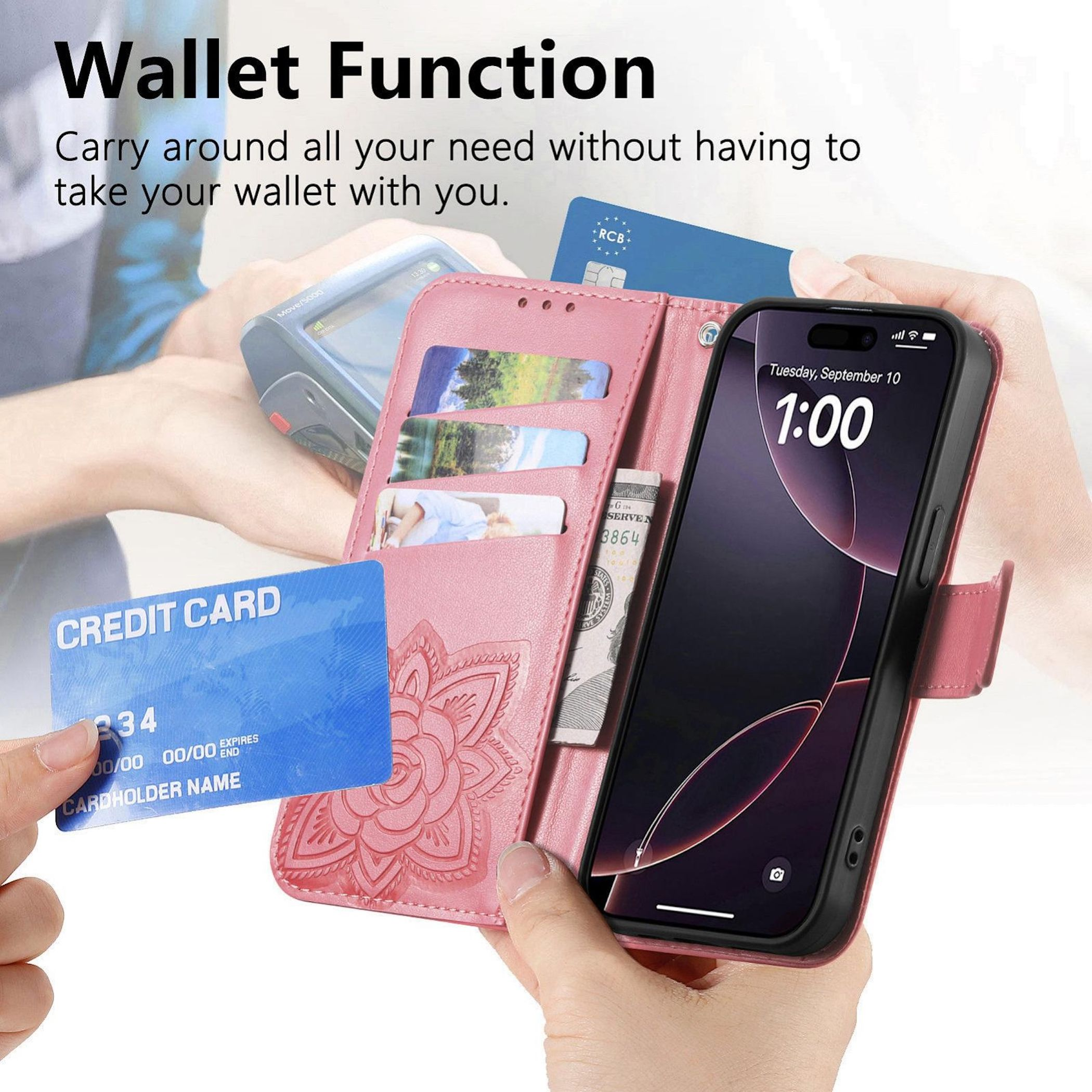 Una funda de billetera rosa con teléfono, tarjeta de crédito y billetes.