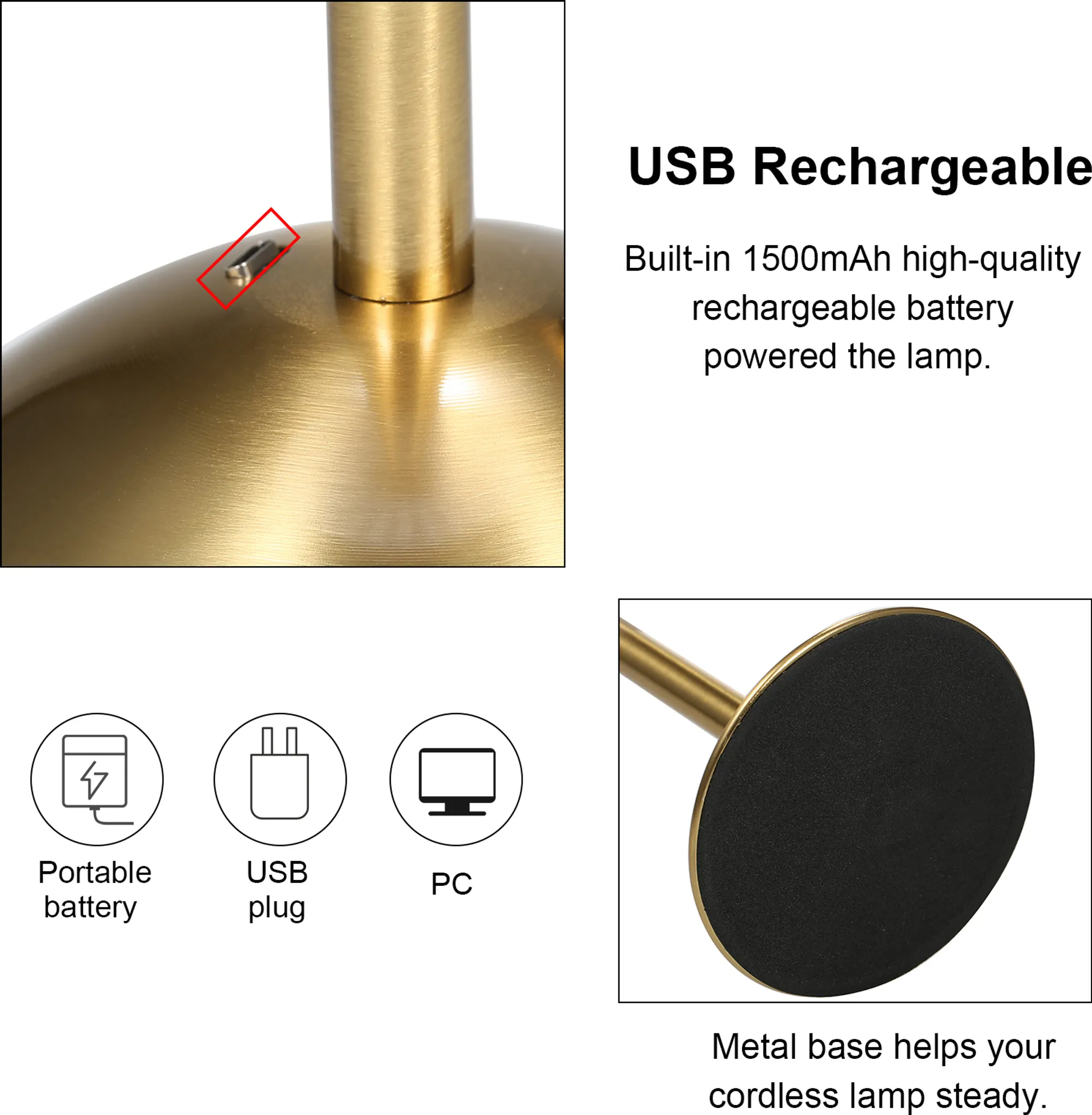 Nahaufnahme eines goldenen Lampensockels mit USB-Anschluss und Symbolen.