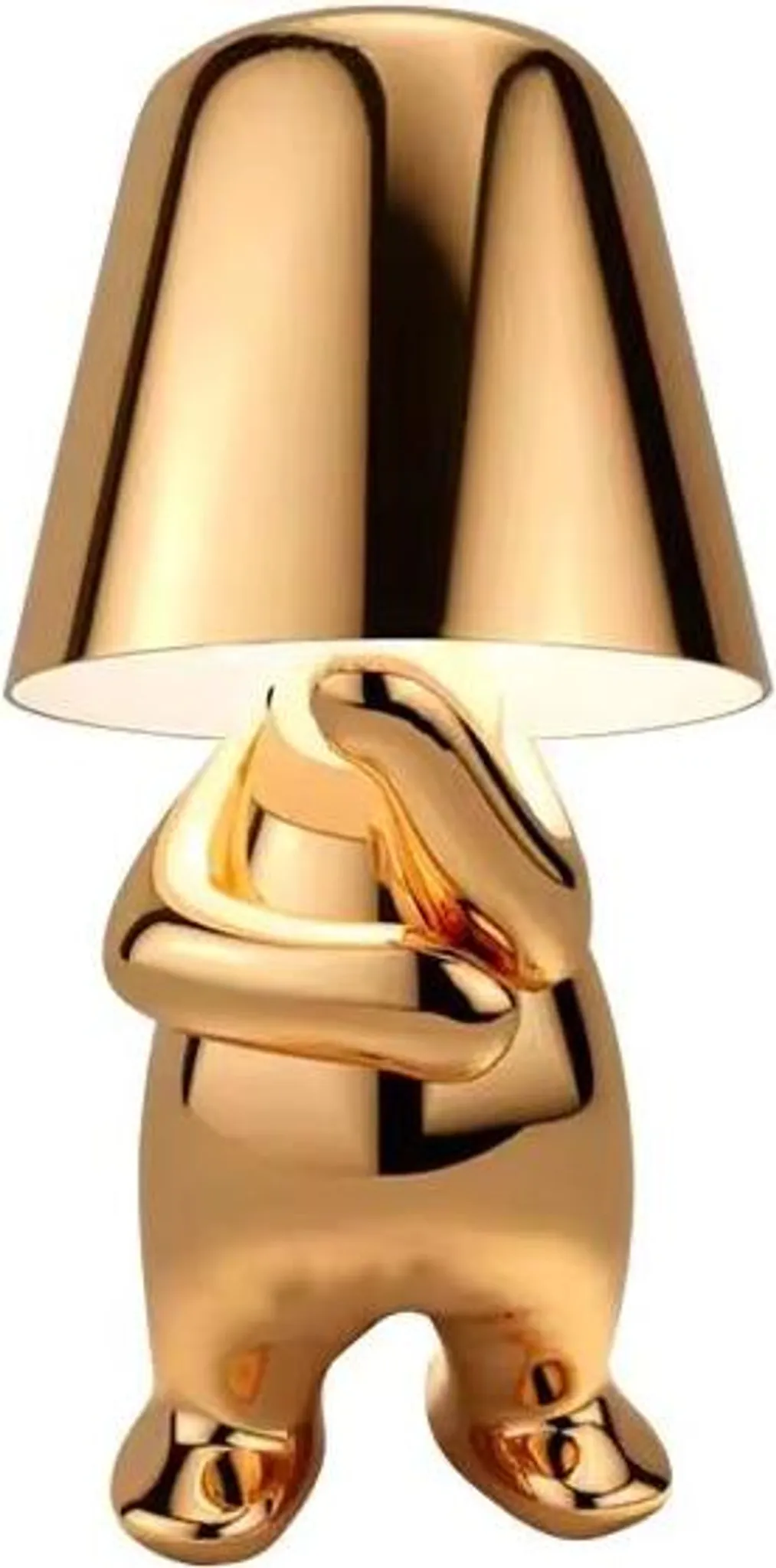Eine glänzende goldene Lampe in Form eines Cartoon-Männchens.