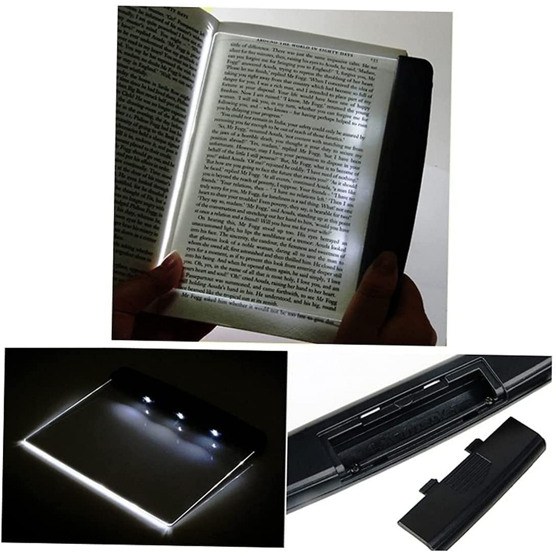 Eine transparente Buchleuchte mit LEDs beleuchtet ein Buch. Unten sind zwei weitere Ansichten.