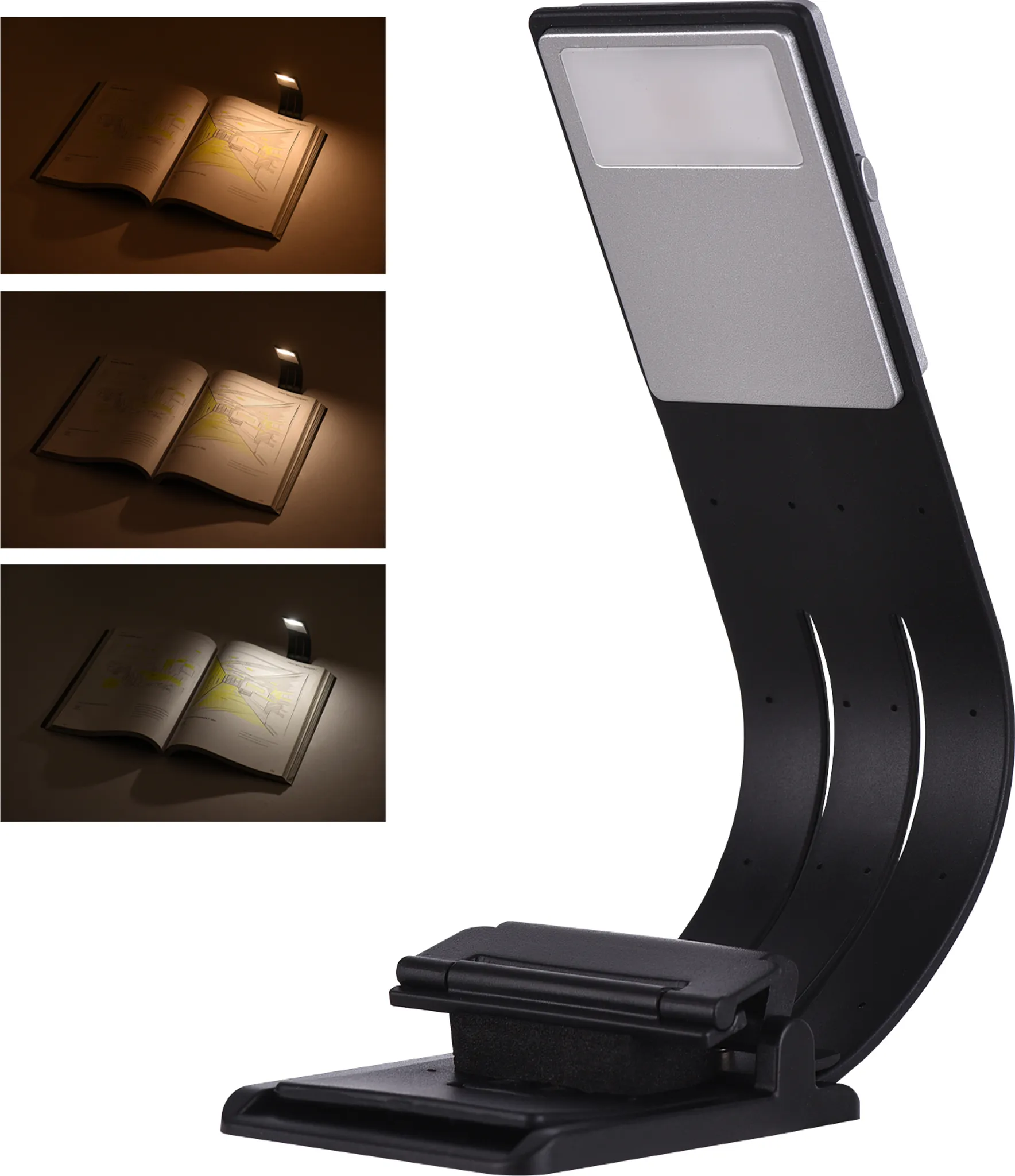 Ein schwarzes Klemmbuch-Leselicht mit silbernem Kopf, das ein Buch beleuchtet.