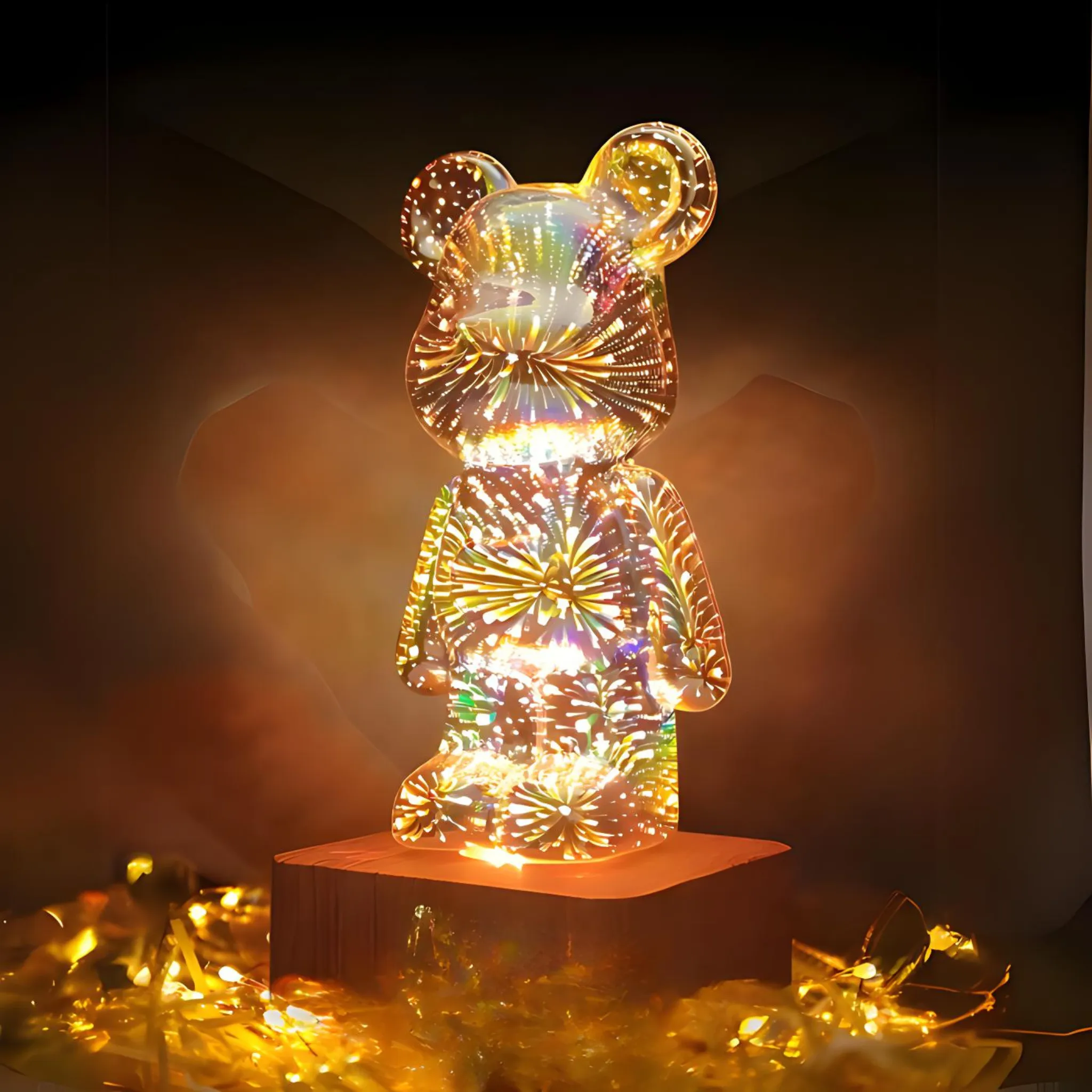 Eine Bärenfigur mit Glitzerlichtern auf einem Holzsockel, umgeben von Lichterketten.