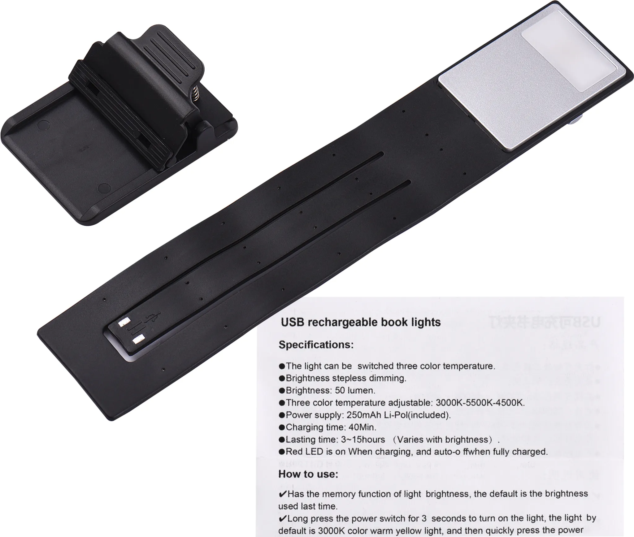 Ein schwarzer USB-wiederaufladbarer Buchclip mit LED-Lampe und Spezifikationen.
