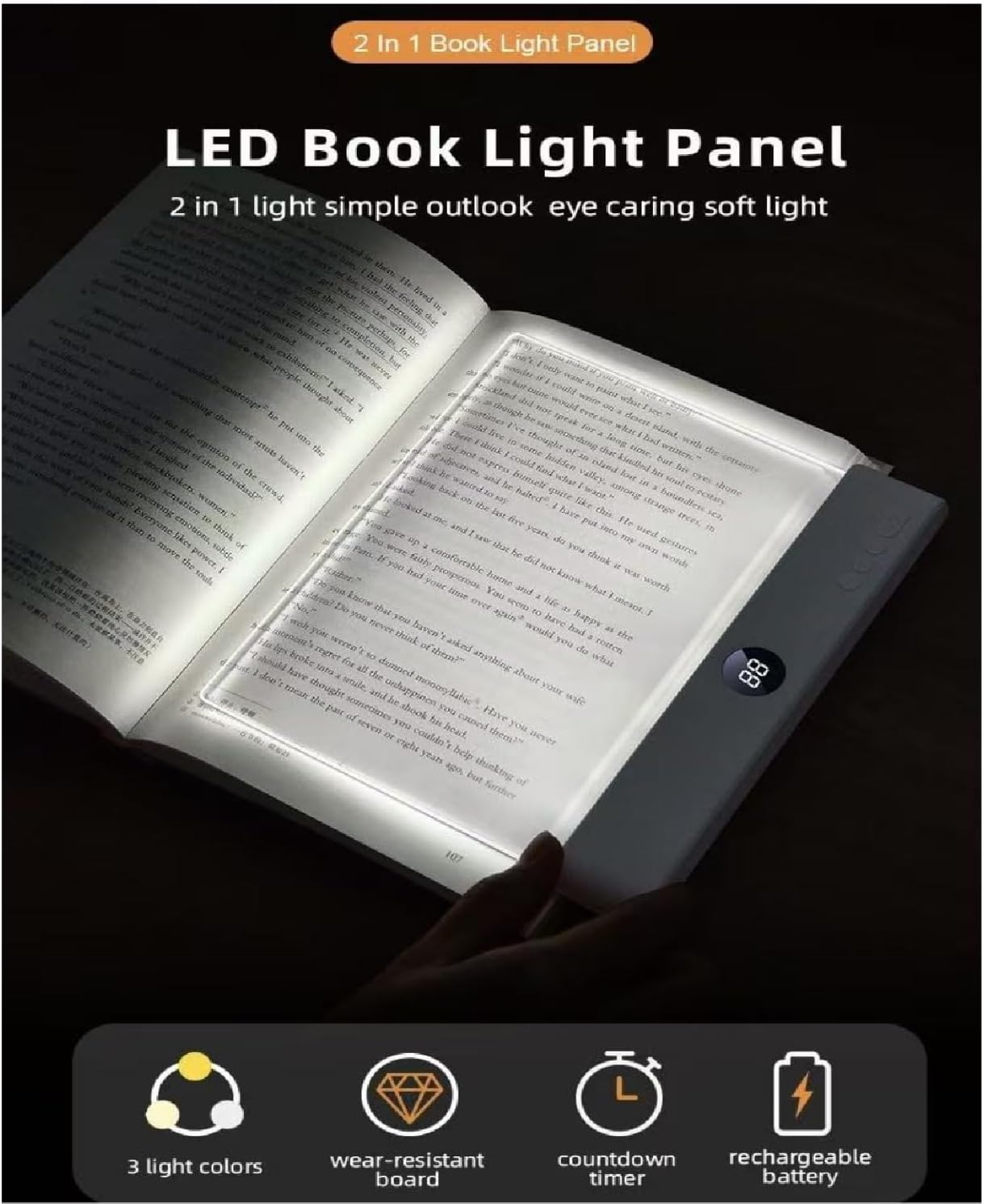 Ein offenes Buch mit einer LED-Leselampe, die die Seiten beleuchtet.