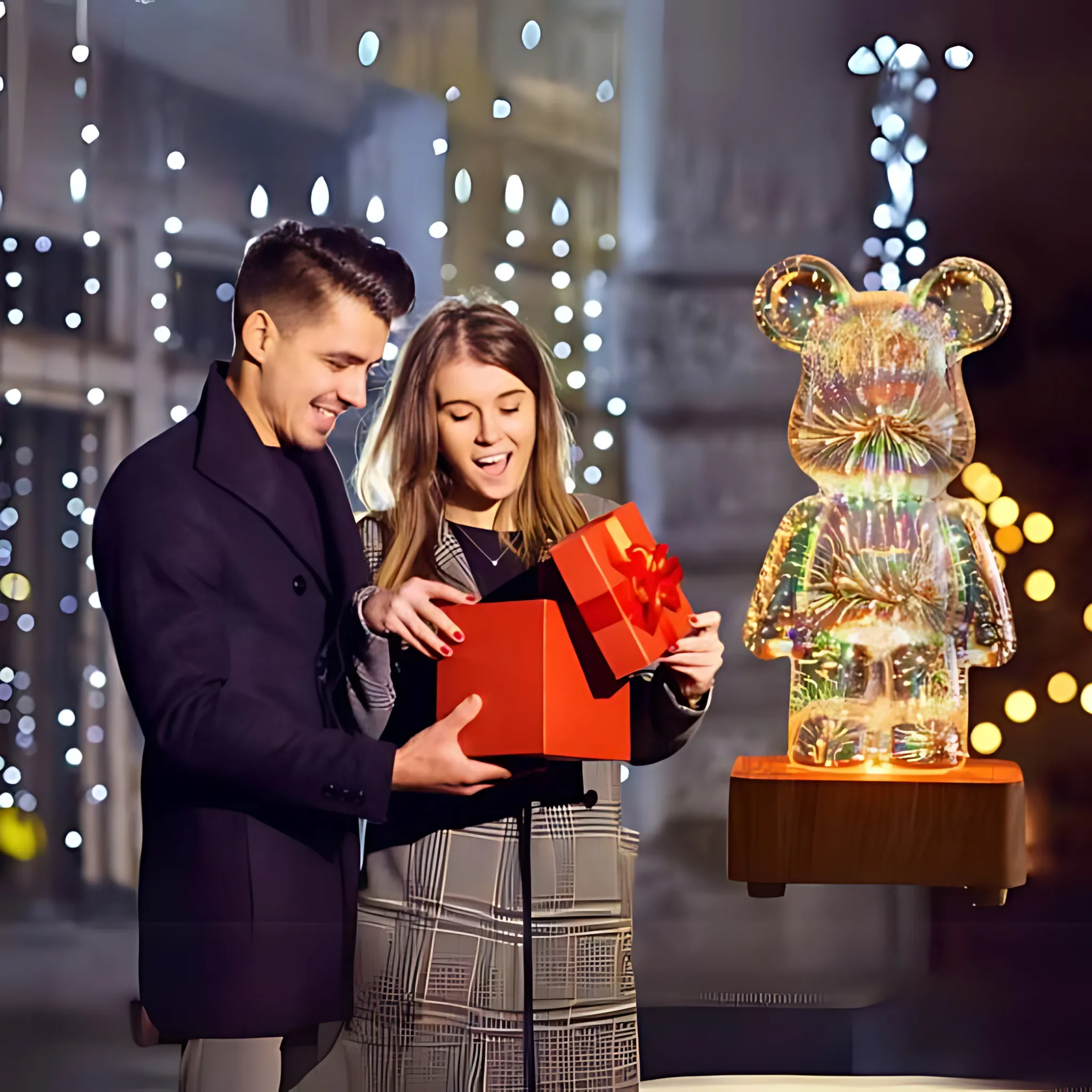 Ein Paar öffnet ein Geschenk vor einer leuchtenden Bärenfigur.