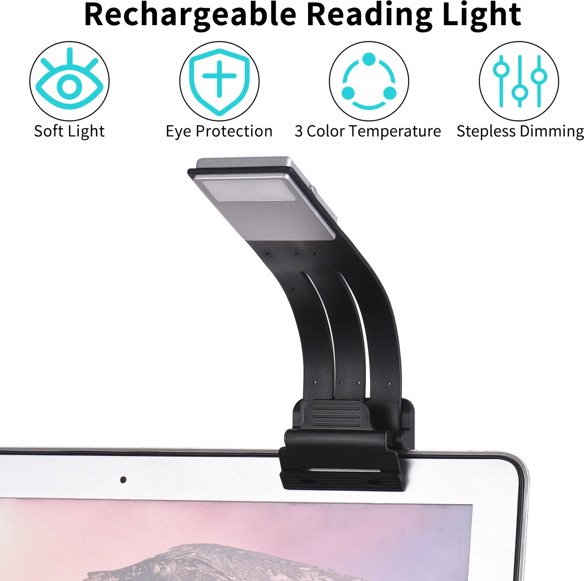 Ein schwarzes Leselicht mit Klemme an einem Tablet.