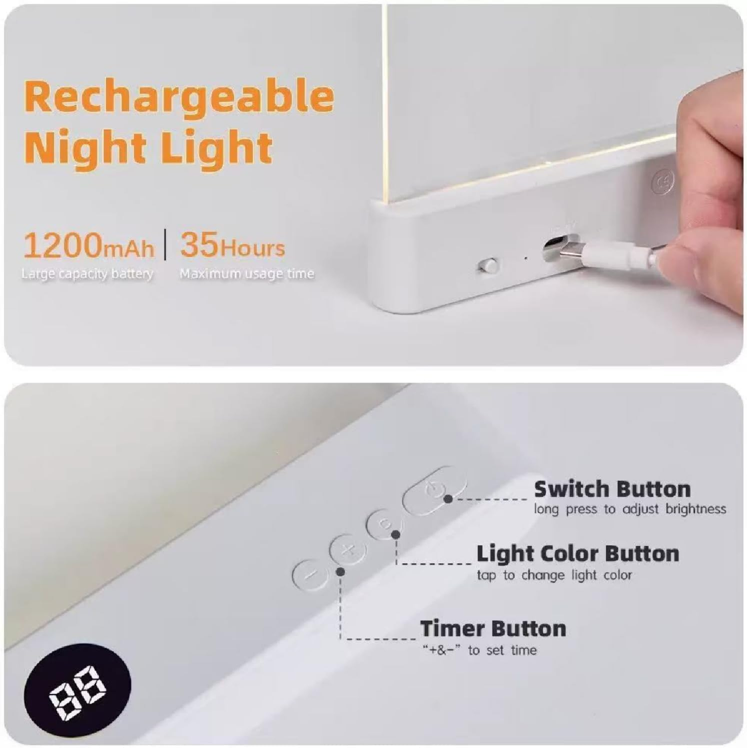 Wiederaufladbare Nachtlampe mit USB-Ladeanschluss und Bedienelementen.