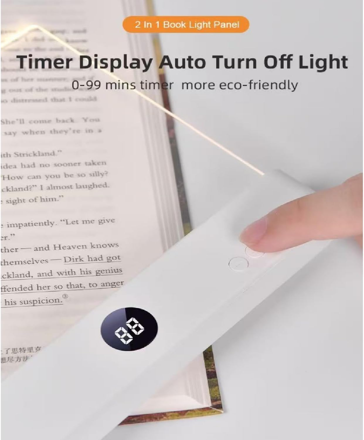 Ein weißes Leselicht mit Timer-Display, das auf einem Buch liegt.