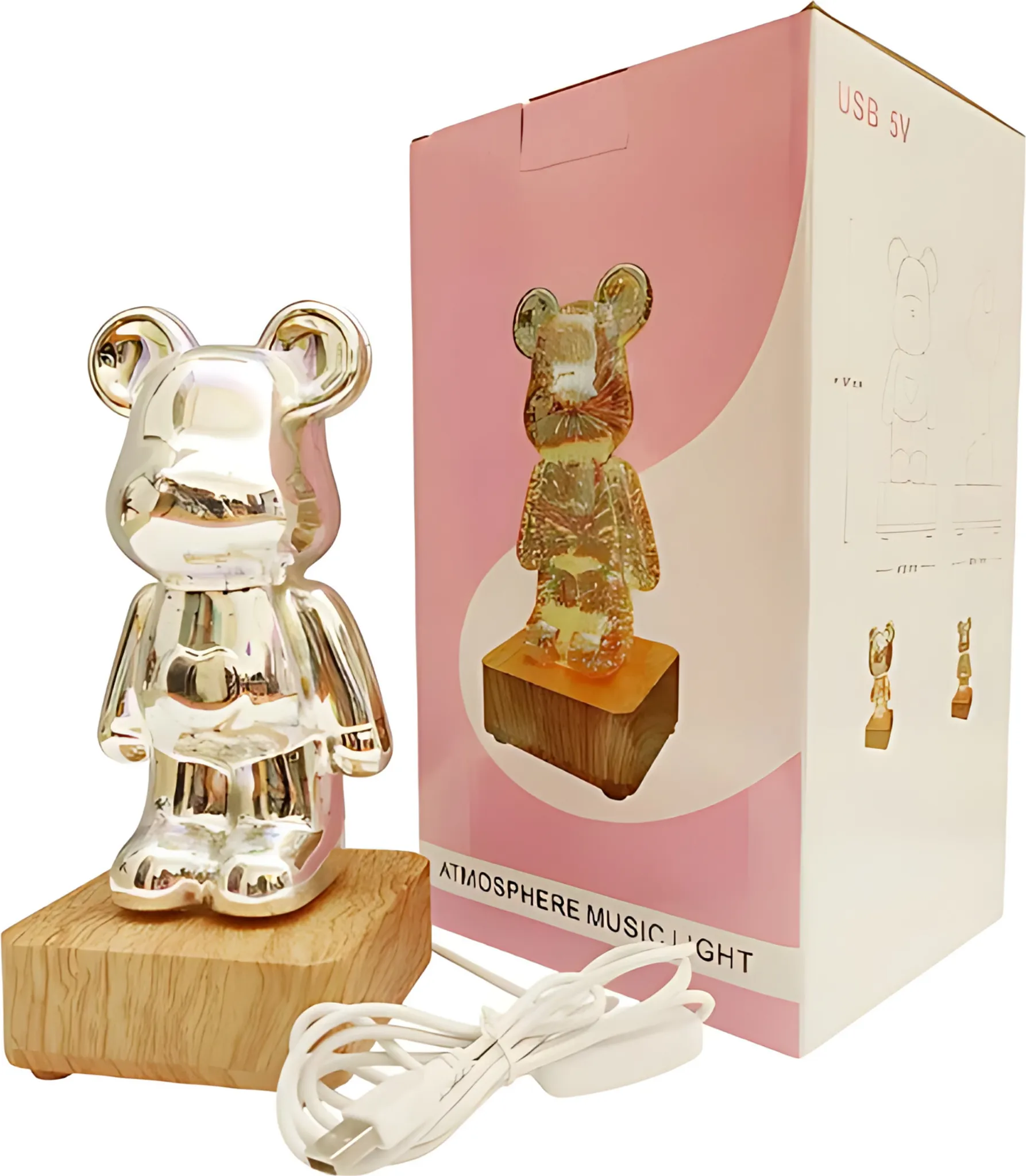 Silberne Teddybär-Lampe auf Holzsockel mit USB-Kabel und rosa Verpackung.