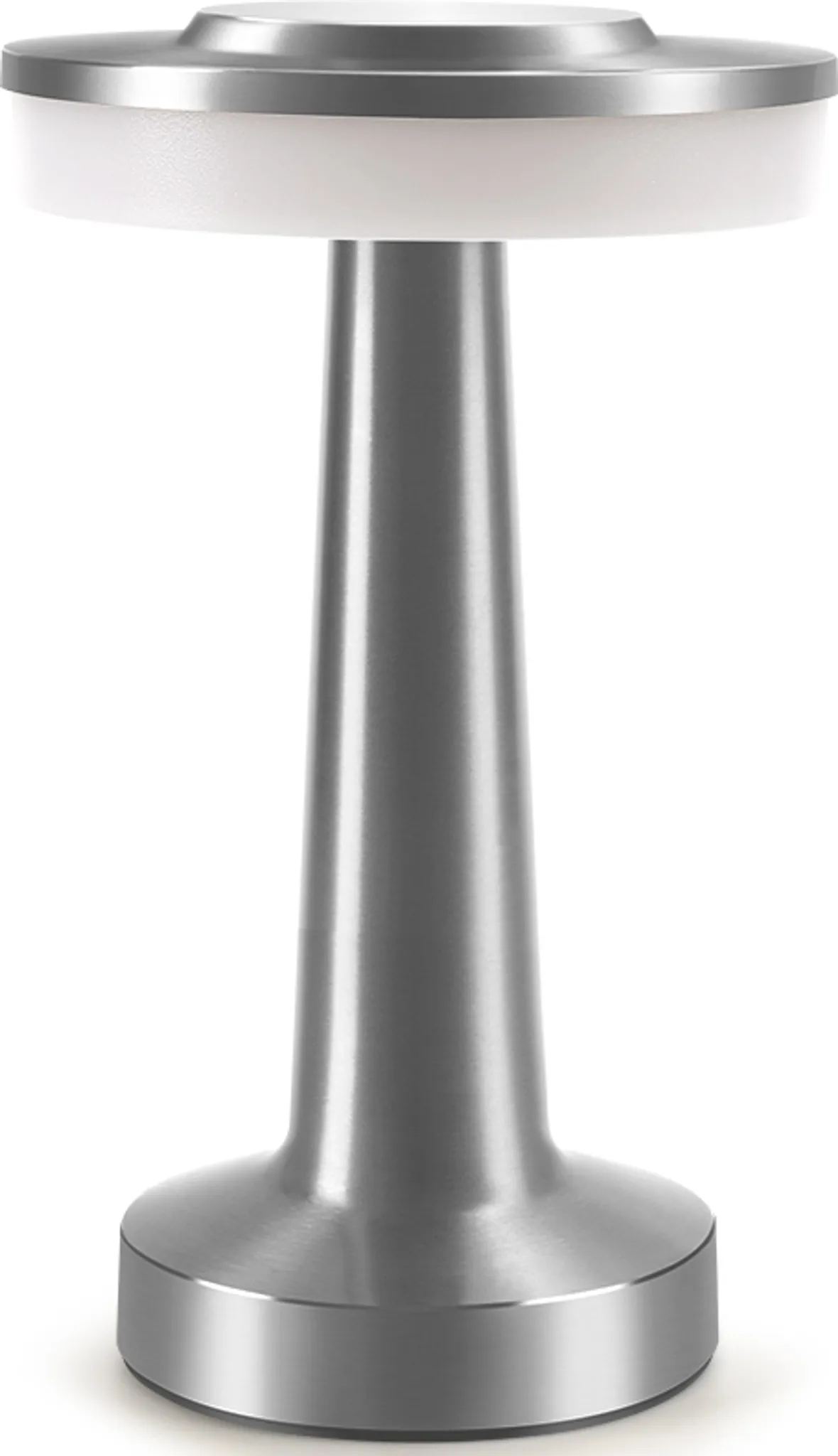 Eine moderne Lampe aus gebürstetem Metall mit einem weißen, leuchtenden Schirm.