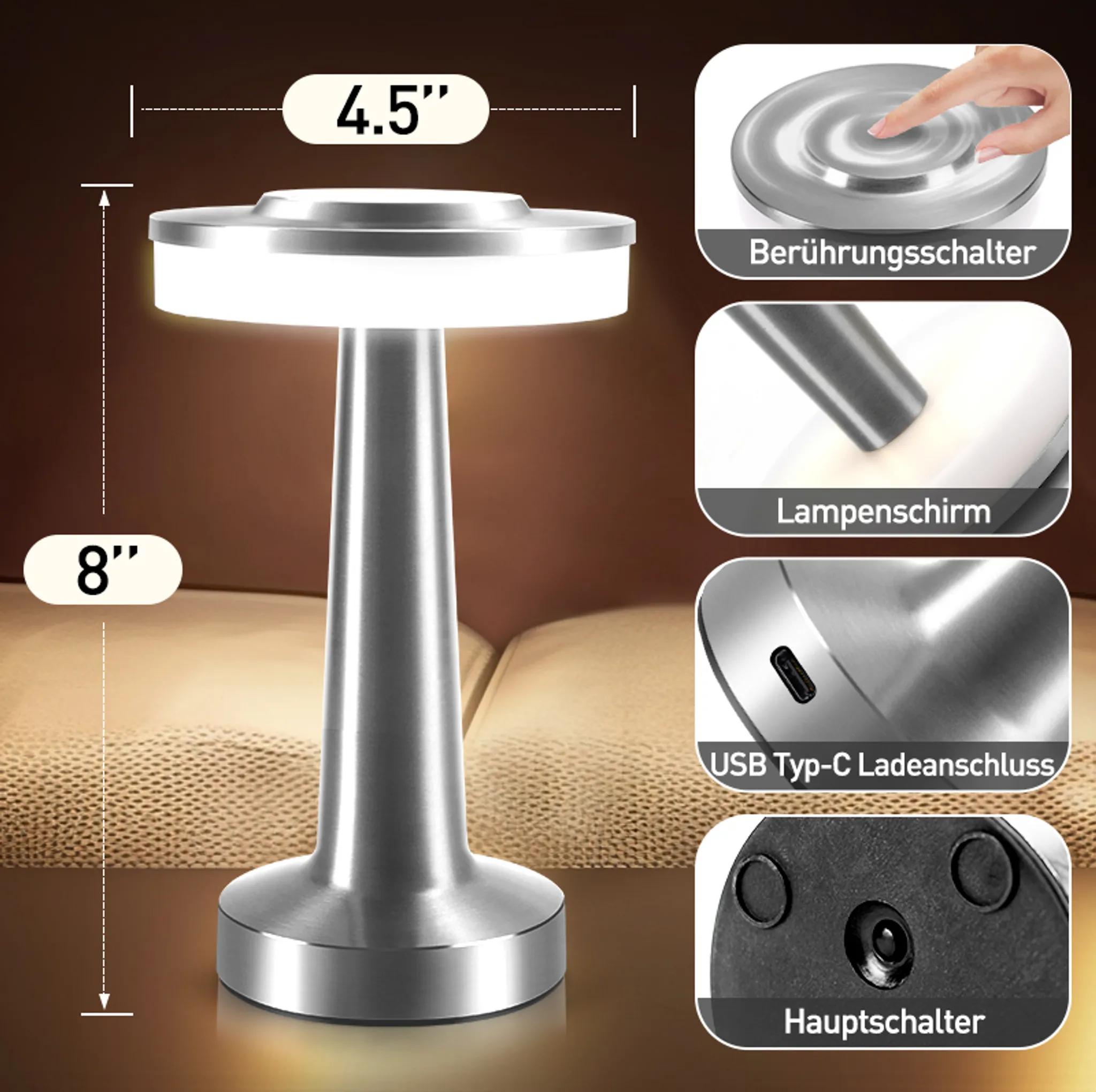 Eine 8" hohe Nachttischlampe aus Metall mit Touch-Schalter und USB-C.