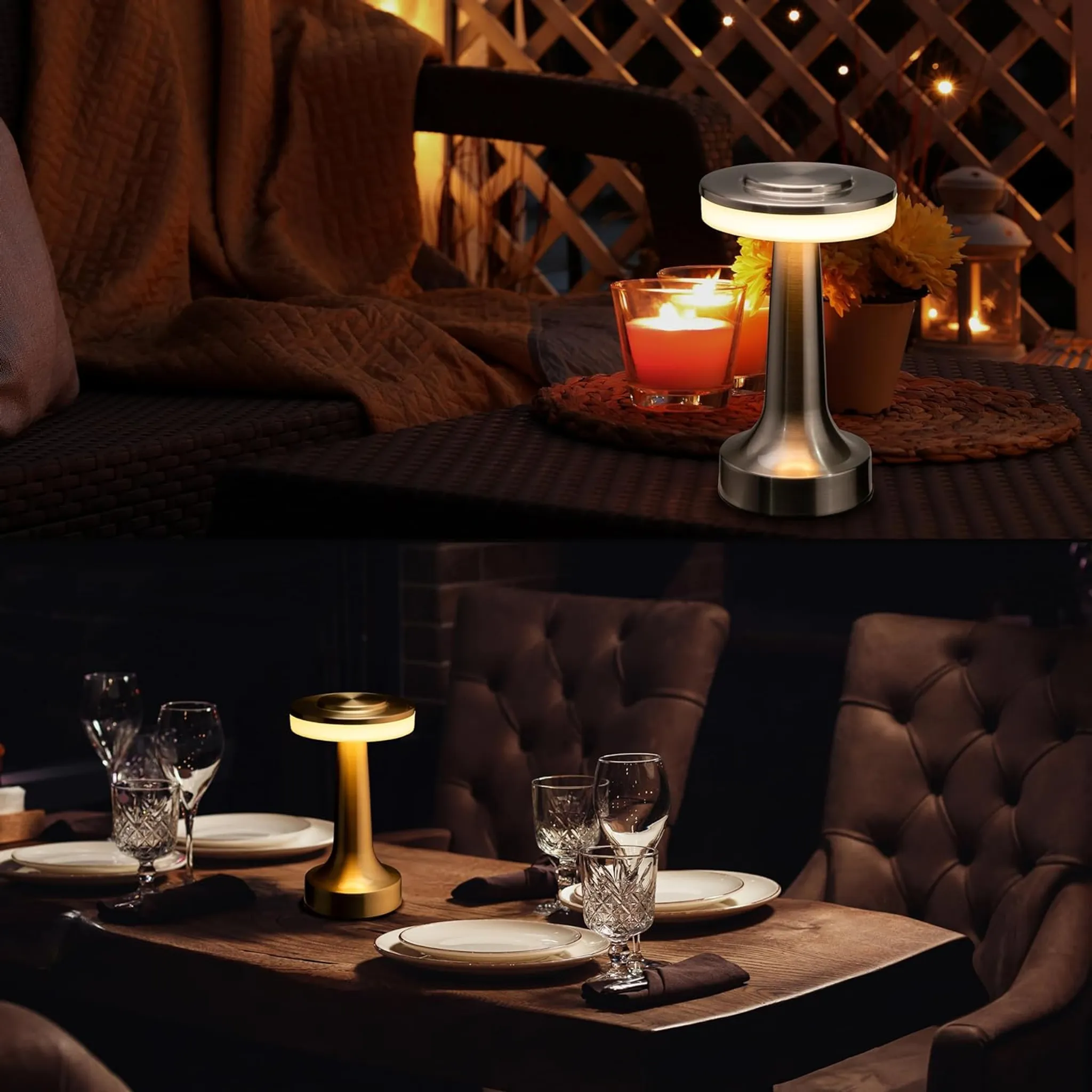 Zwei Szenen mit Tischlampen: Draußen mit Kerzen und drinnen auf einem gedeckten Tisch.