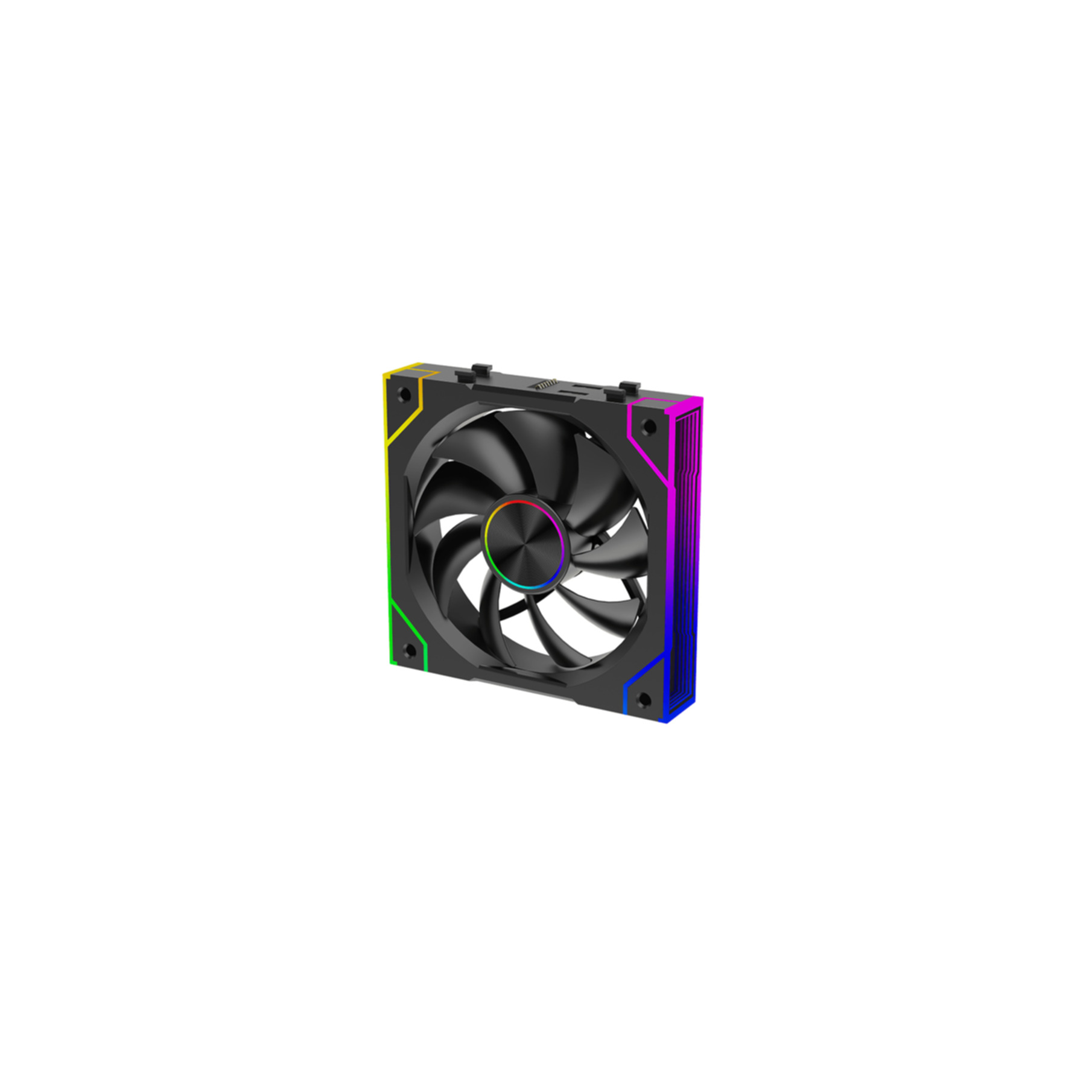 Ein schwarzer Lüfter mit RGB-Beleuchtung an den Ecken und am Gehäuse.