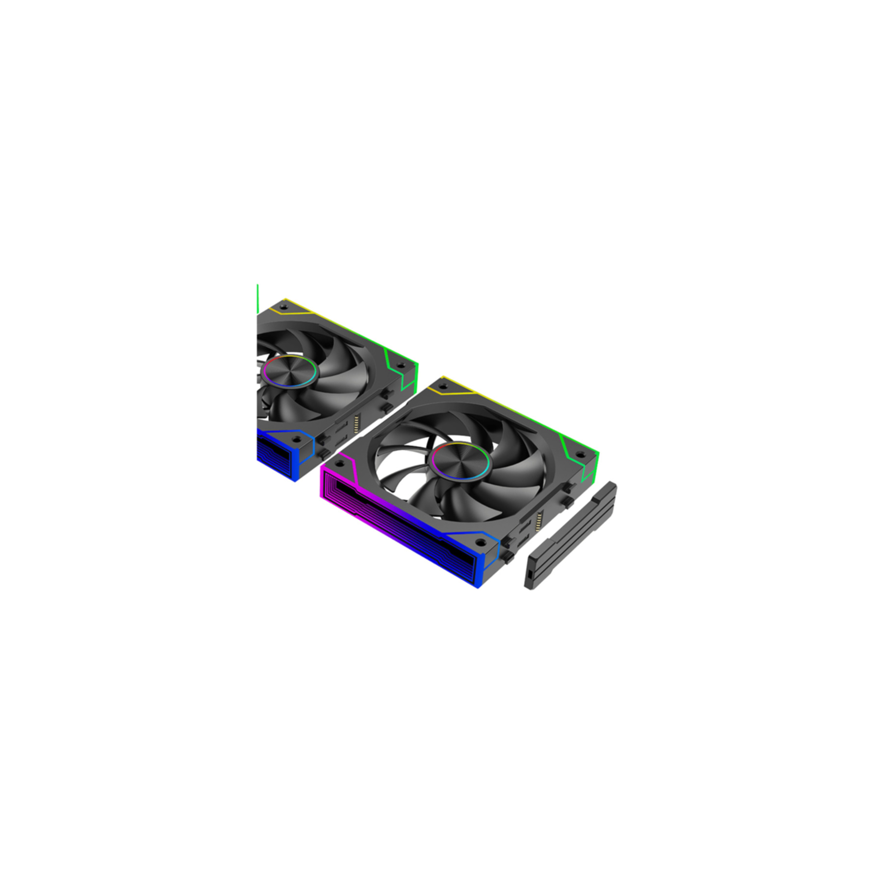 Zwei PC-Lüfter mit RGB-Beleuchtung und ein graues Speicherriegel-Fragment.