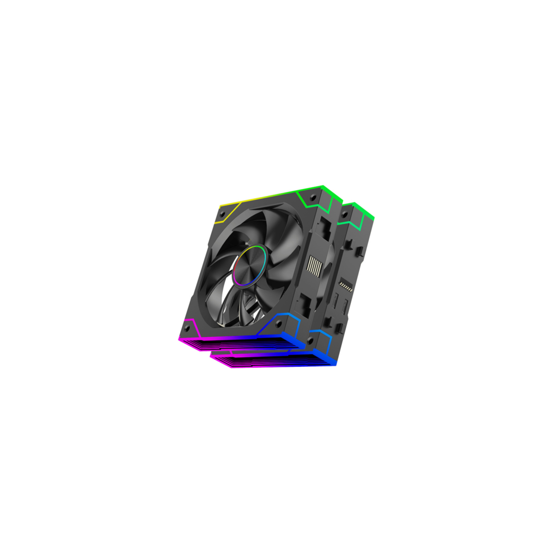 Ein schwarzer CPU-Lüfter mit farbigen RGB-Akzenten auf den Kanten.