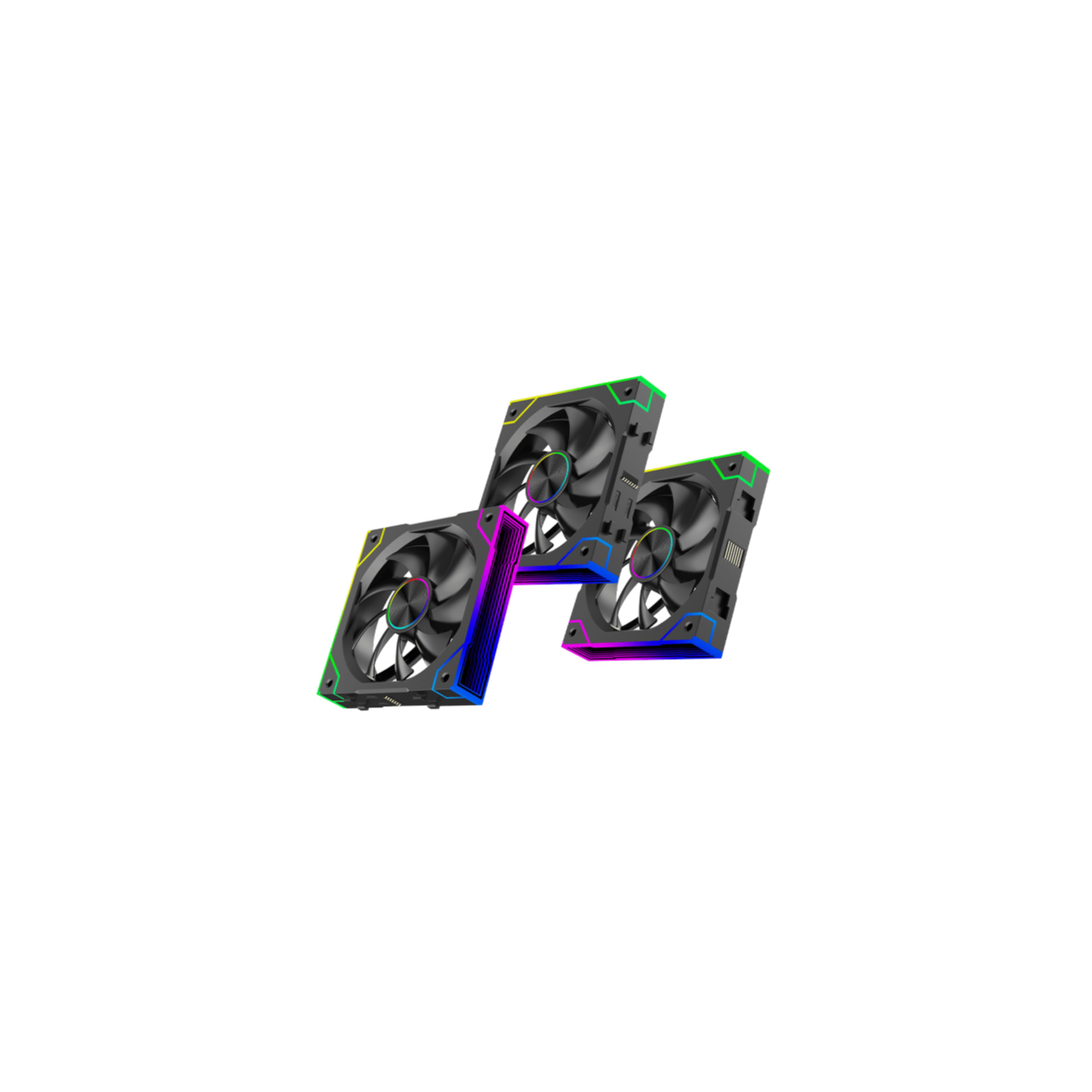 Drei schwarze Lüfter mit bunten RGB-Lichtern.