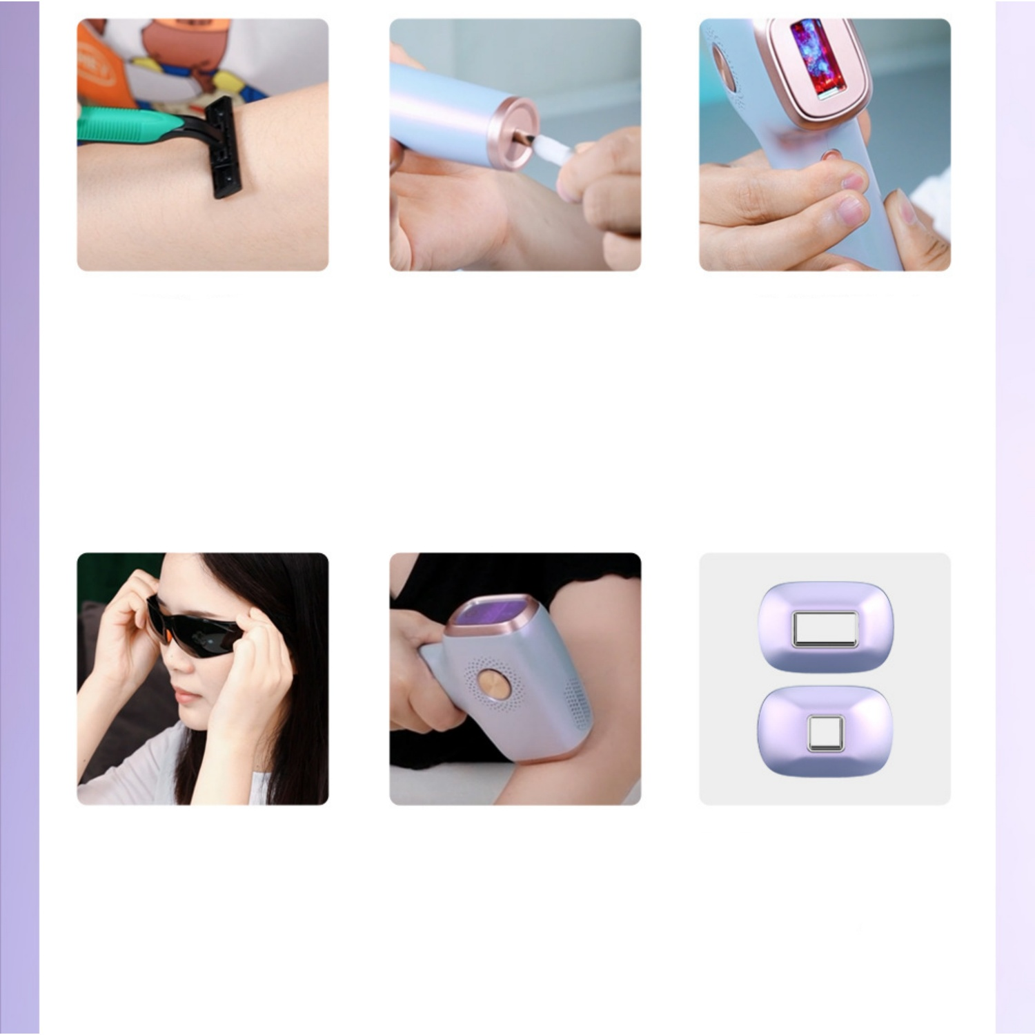 Rasierer, Haarentfernungsstift, IPL-Gerät, Schutzbrille, IPL-Gerät am Bein, Aufsätze.