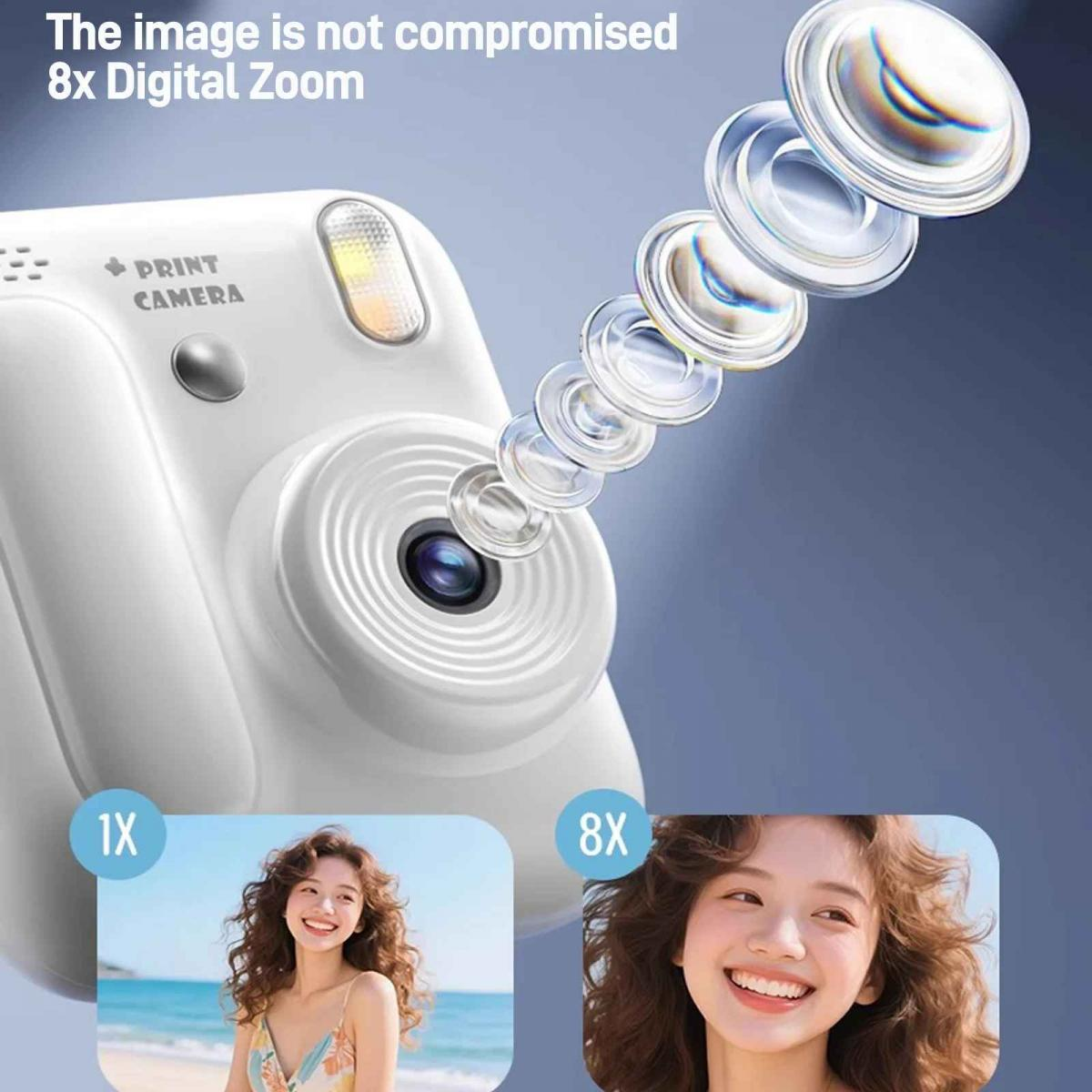 Weiße Digitalkamera mit gezeigter Linsenoptik und 1x/8x Zoom-Vergleichsfotos.