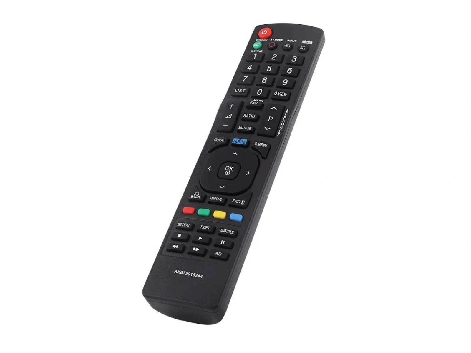 Schwarze TV-Fernbedienung mit roten Ein/Aus-Taste und nummerierten Tasten.