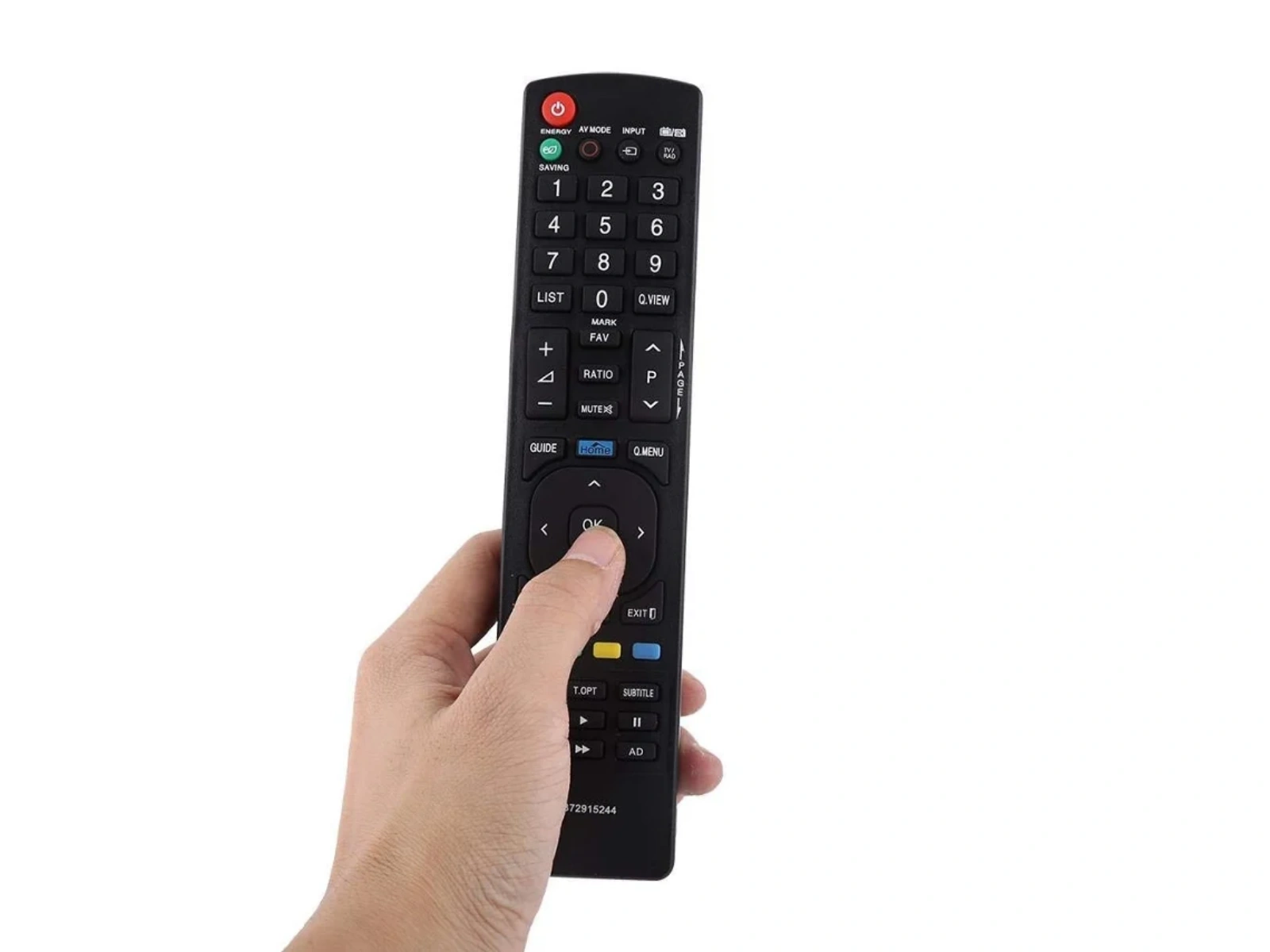 Eine Hand hält eine schwarze TV-Fernbedienung mit nummerierten Tasten.