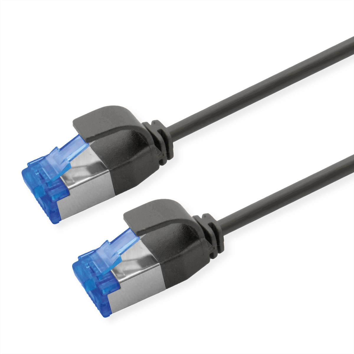 Twee Ethernet-kabelconnectoren met blauwe inzetstukken en zilveren uiteinden.