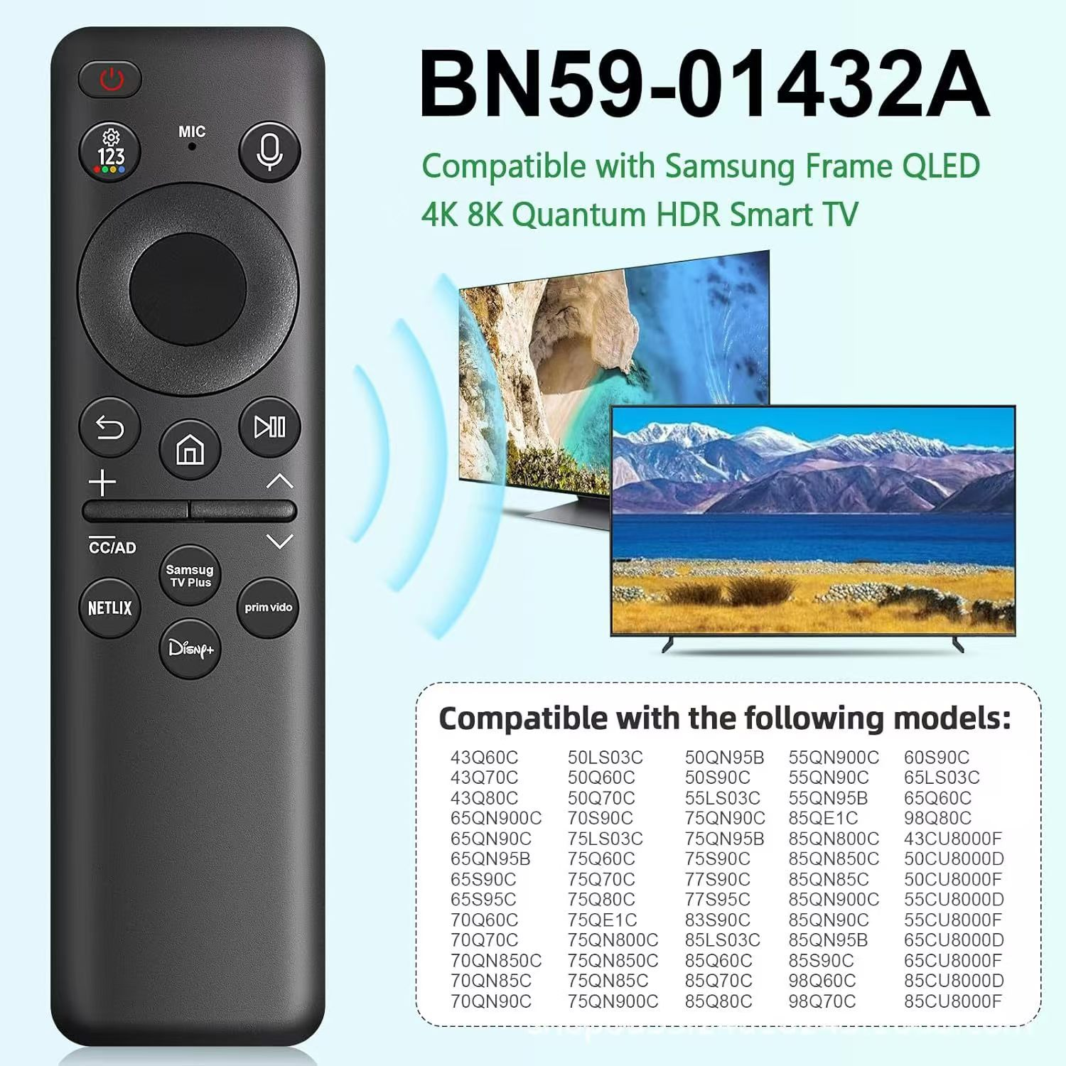 Samsung Smart TV Fernbedienung mit Tasten und Liste kompatibler Modelle.