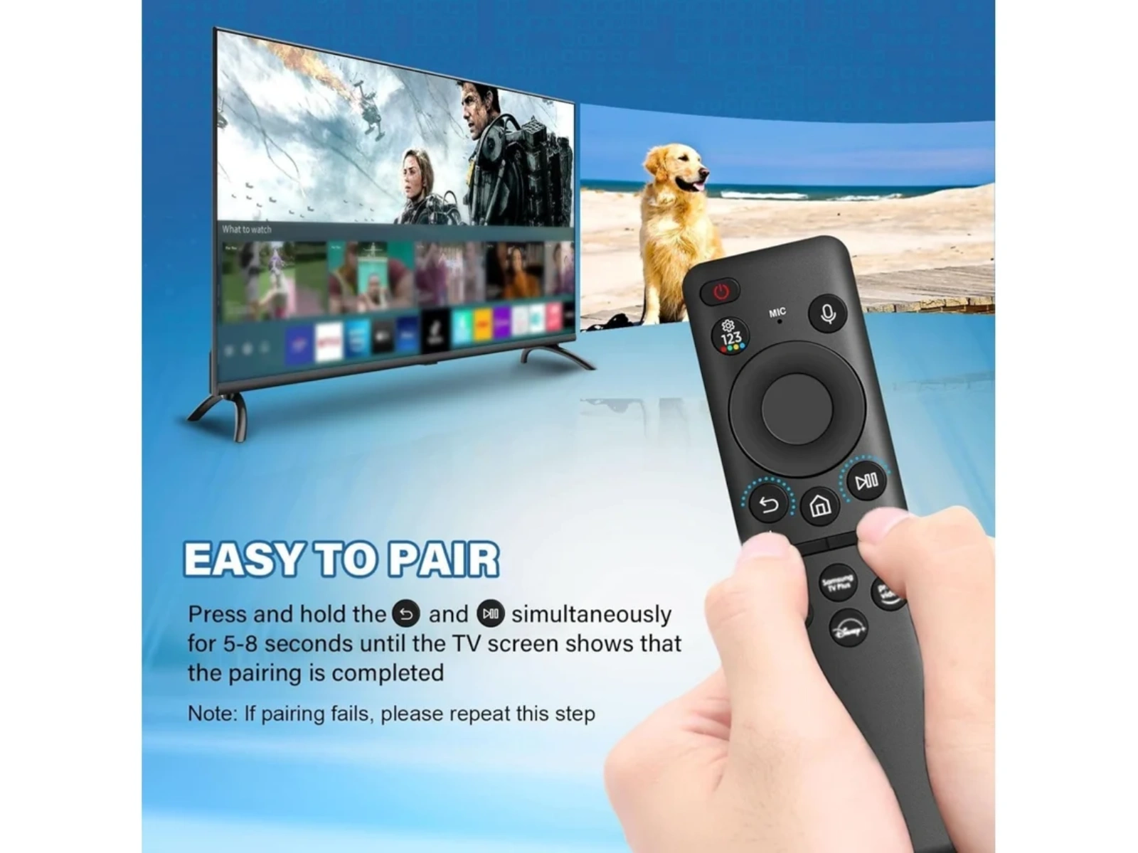 Ein Mann hält eine Fernbedienung vor einen Fernseher mit einem Hund am Strand.