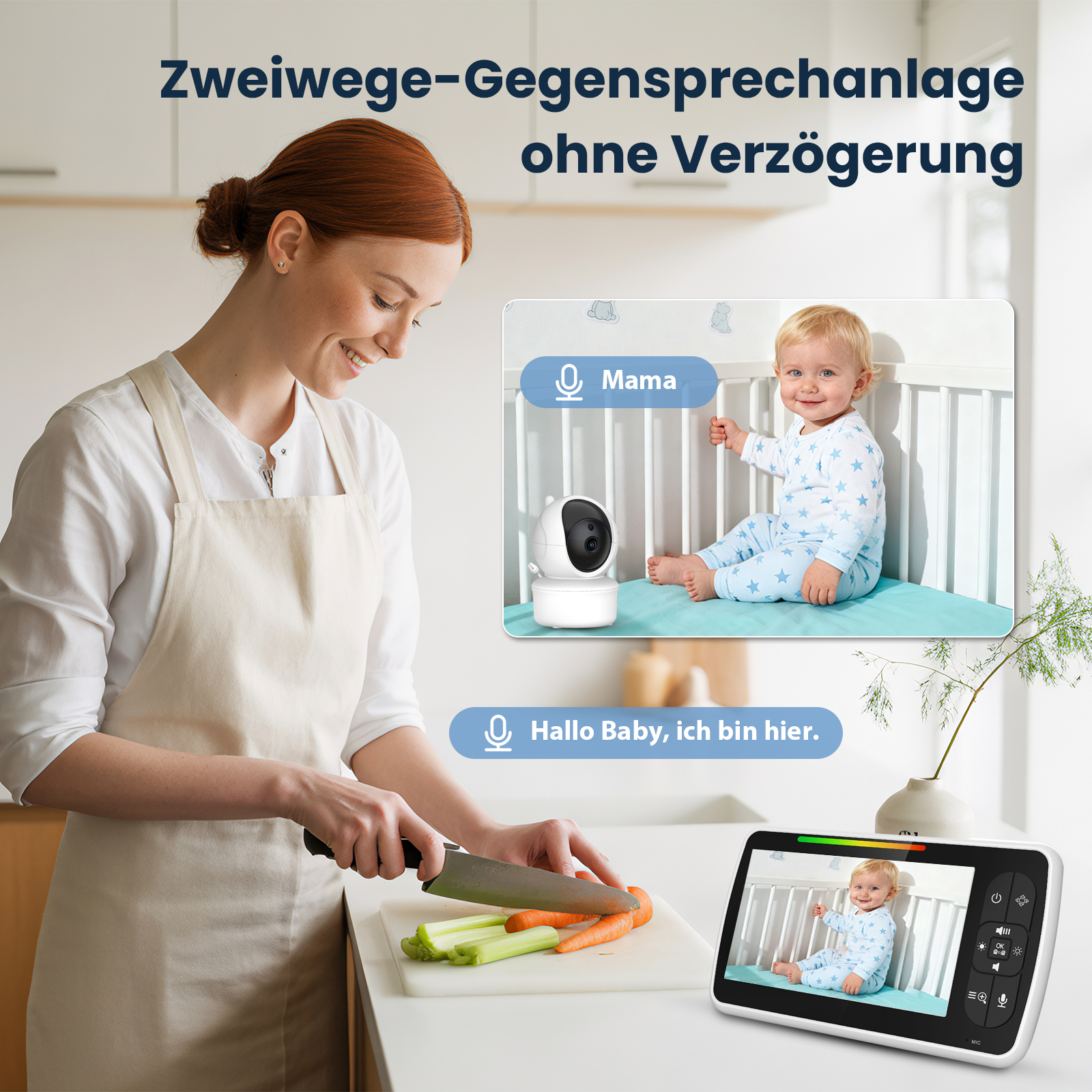 Frau schneidet Gemüse, Baby im Gitterbett auf Monitor.