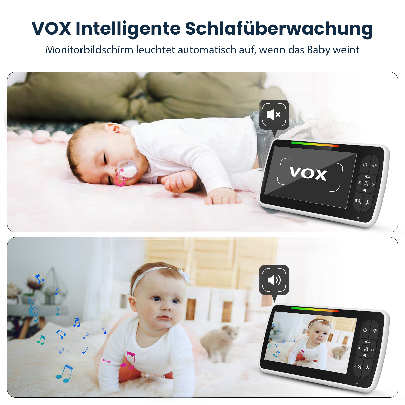 Ein schlafendes Baby mit Schnuller und ein Baby-Monitor.